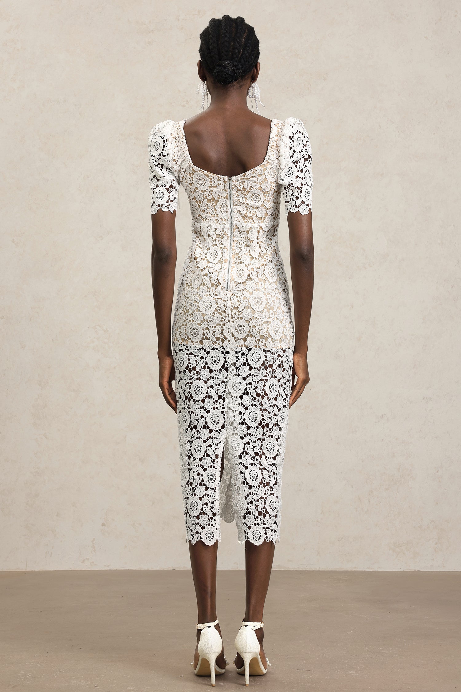 Elisa White Lace Diamond Pattern Midi Dress with Short Sleeves Square Neckline Fitted Silhouette Garden Party Outdoor Wedding Ethereal Sheer Overlays Special Event