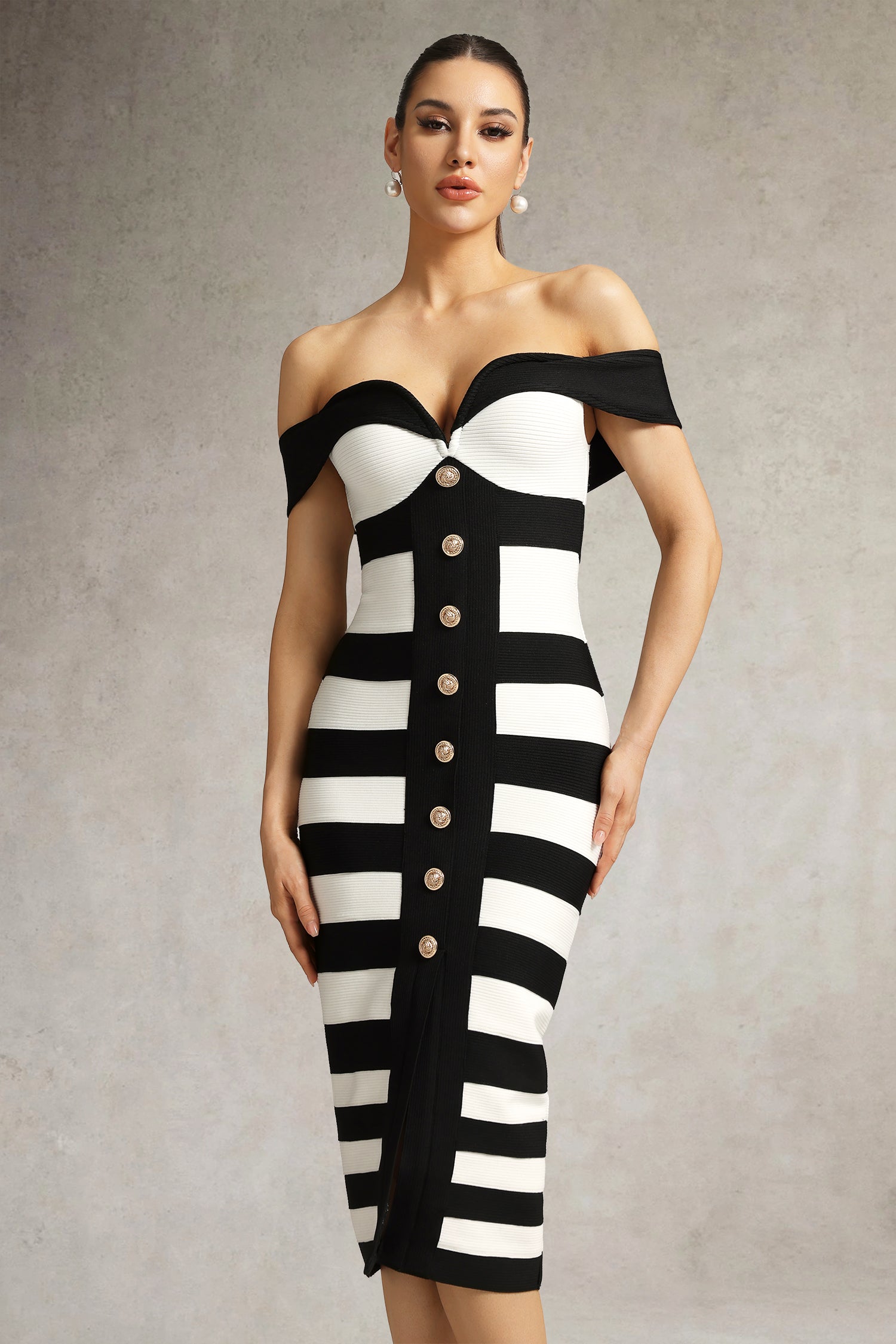 Elisabetta Black Bandage Off-Shoulder Midi Dress with Stripe Pattern and Button Detailing