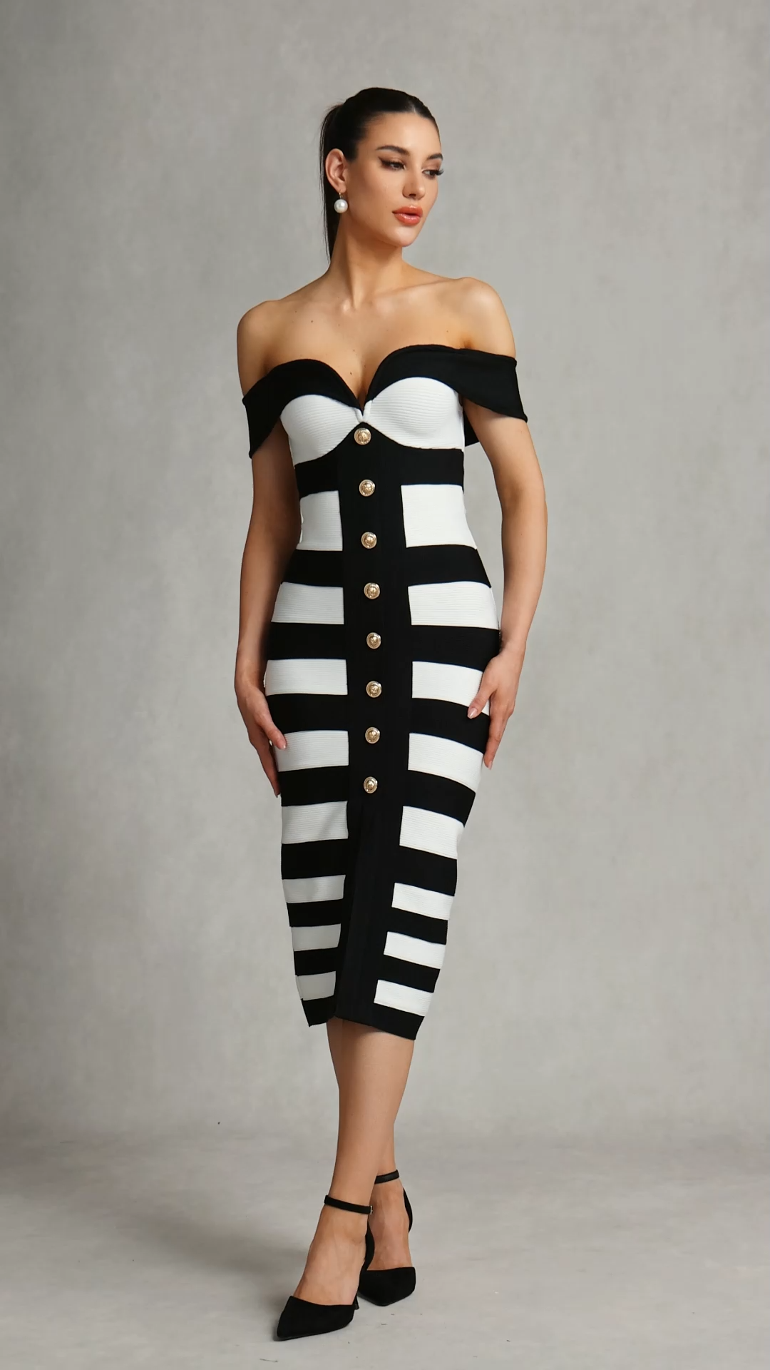 Elisabetta Black Bandage Off-Shoulder Midi Dress with Symmetrical Stripe Pattern and Button Detailing