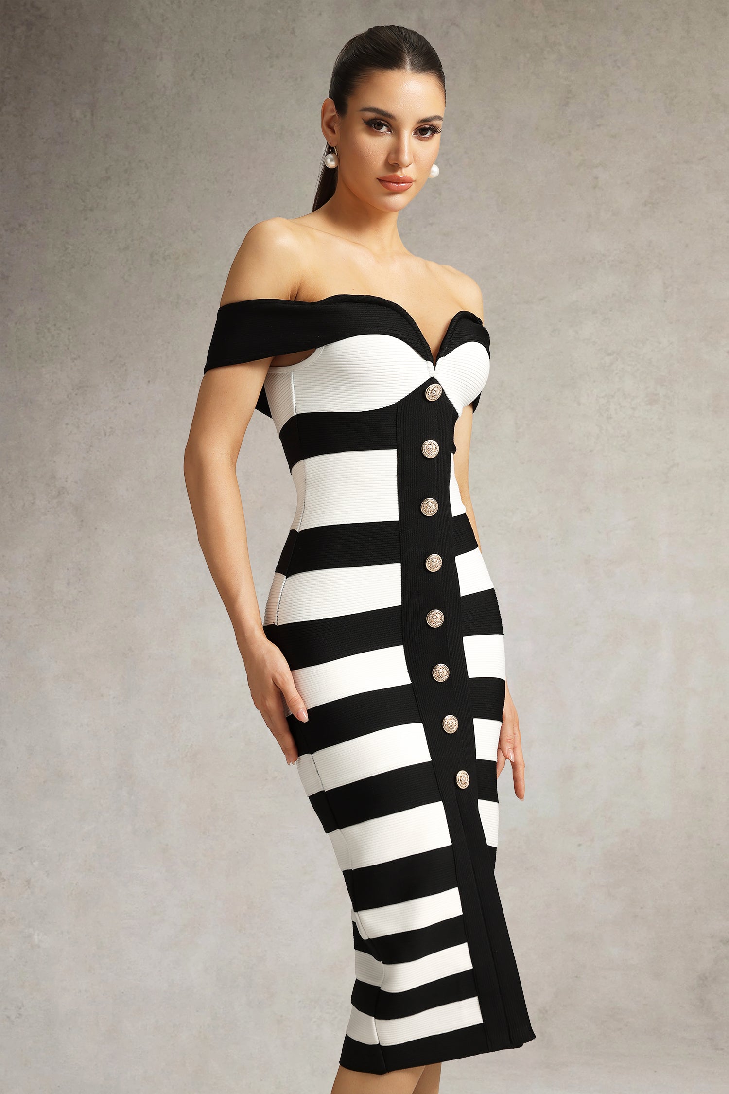 Elisabetta Black Bandage Off-Shoulder Stripe Button Detail Midi Dress