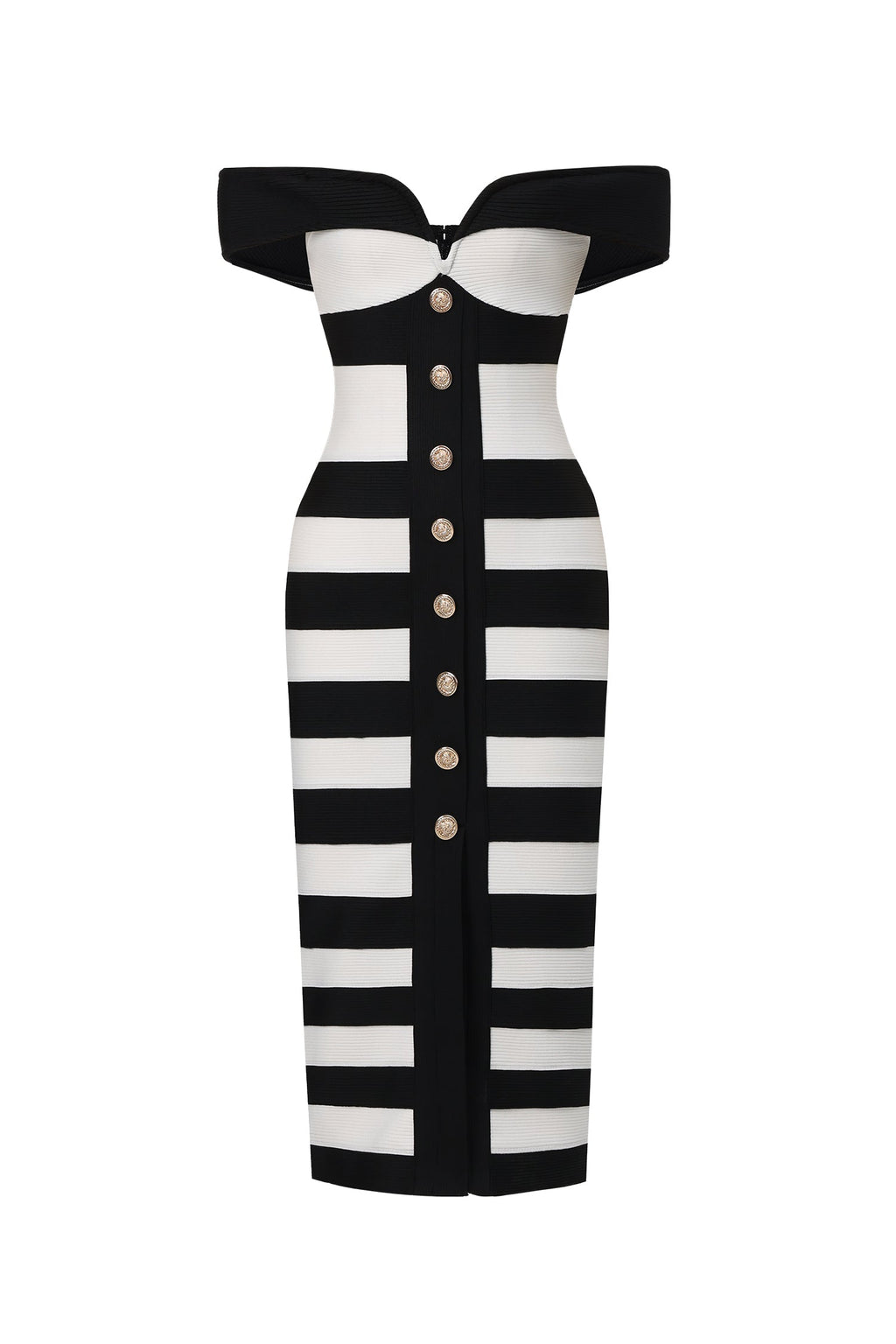 Elisabetta Black Off-Shoulder Stripe Bandage Midi Dress with Button Detailing