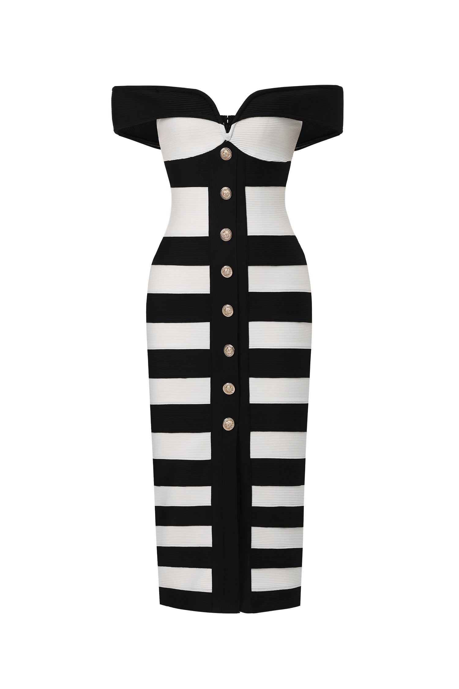 Elisabetta Black Off-Shoulder Stripe Bandage Midi Dress with Button Detailing