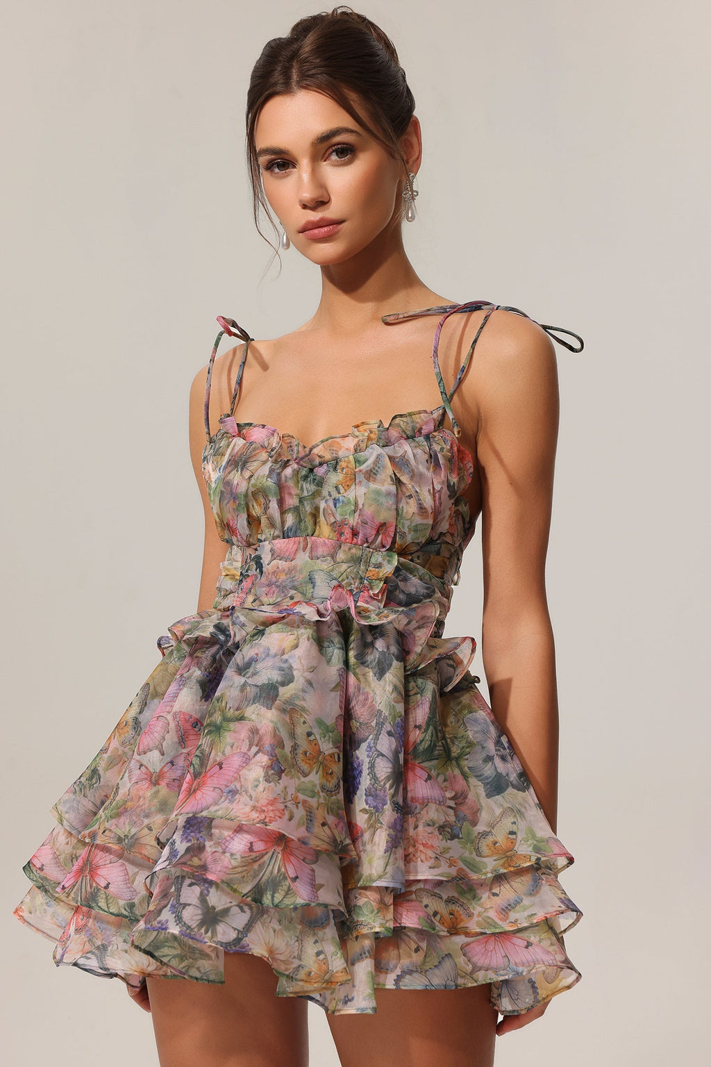 Elisabetta Sleeveless V-Neck Lacing Flounce Mini Dress Multi Color Floral Print