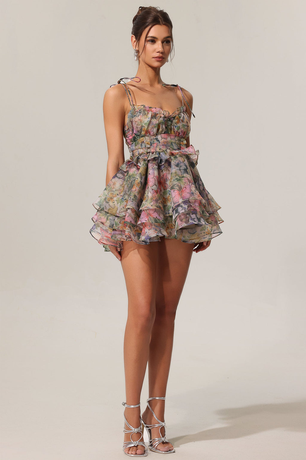 Elisabetta Hester Sleeveless V-Neck Lacing Flounce Mini Dress in Multi Floral Print