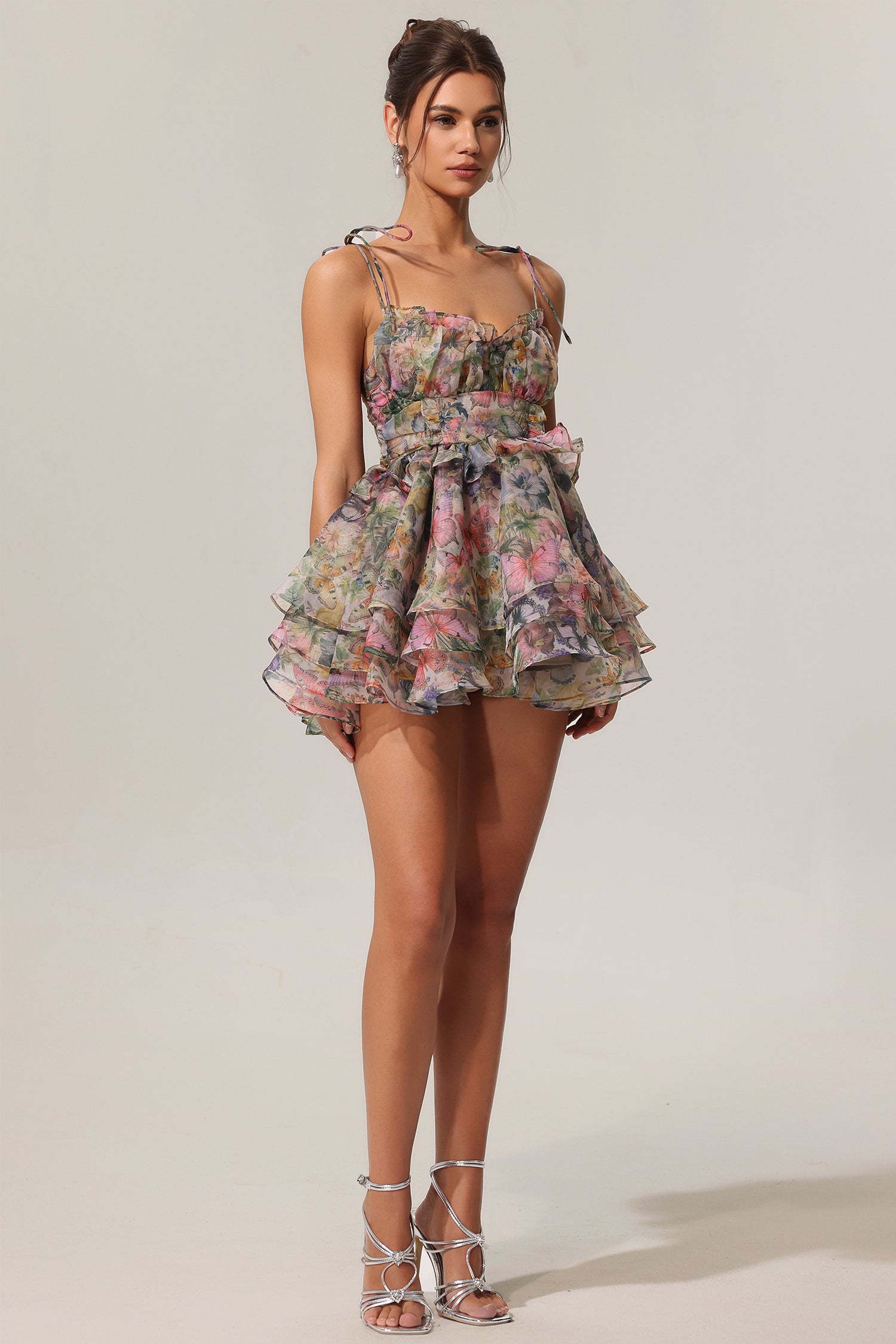 Elisabetta Hester Sleeveless V-Neck Lacing Flounce Mini Dress in Multi Floral Print