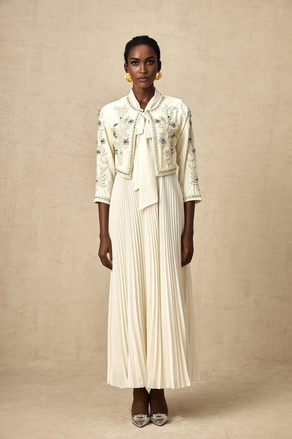 Elisabetta Jacket & Dress - Crystal & Pearl Embellished - Floral Embroidery - Front Fastening - Tie - Neck Design