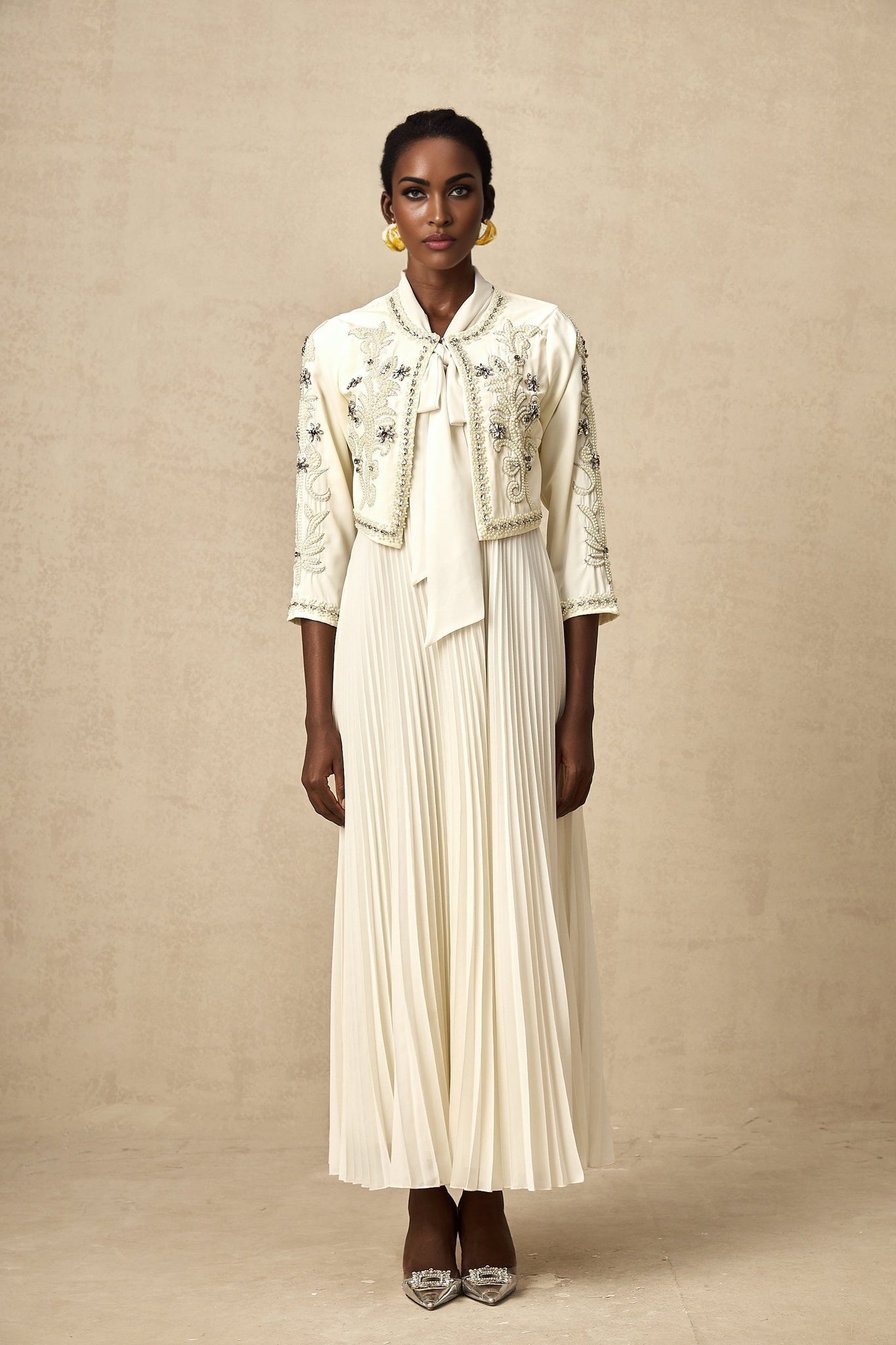 Elisabetta Jacket & Dress - Crystal & Pearl Embellished - Floral Embroidery - Front Fastening - Tie - Neck Design
