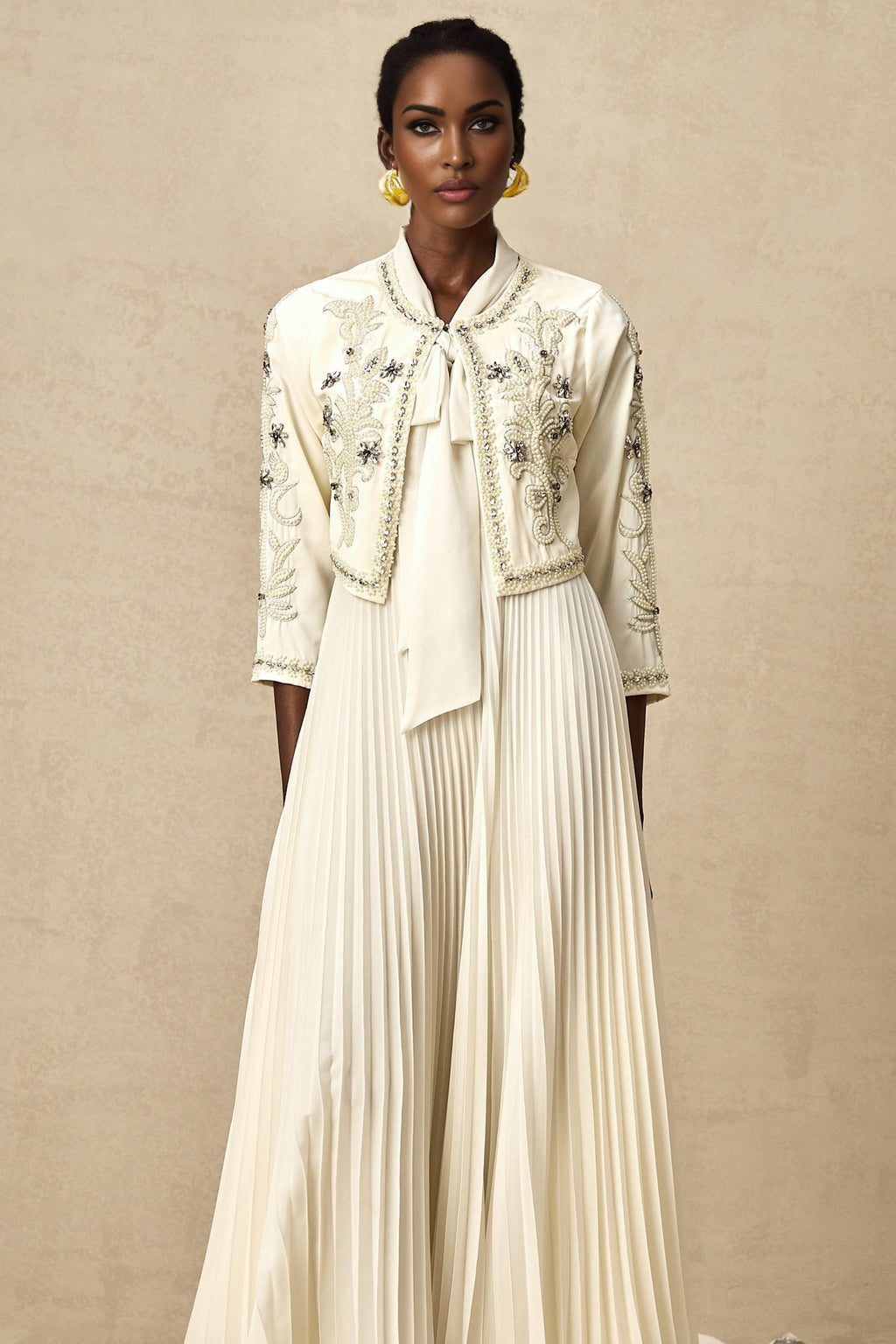 Elisabetta Jacket & Dress - Crystal & Pearl Embellished - Floral Embroidery - Front Fastening - Tie - Neck Design