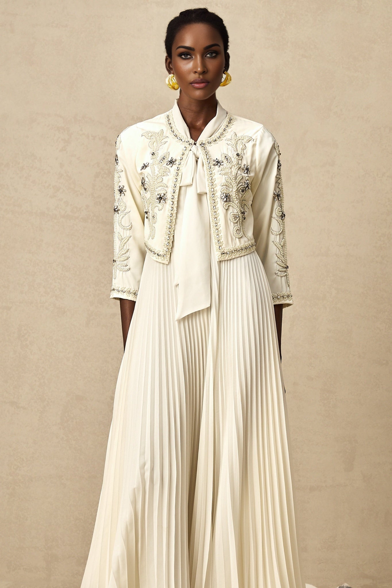 Elisabetta Jacket & Dress - Crystal & Pearl Embellished - Floral Embroidery - Front Fastening - Tie - Neck Design