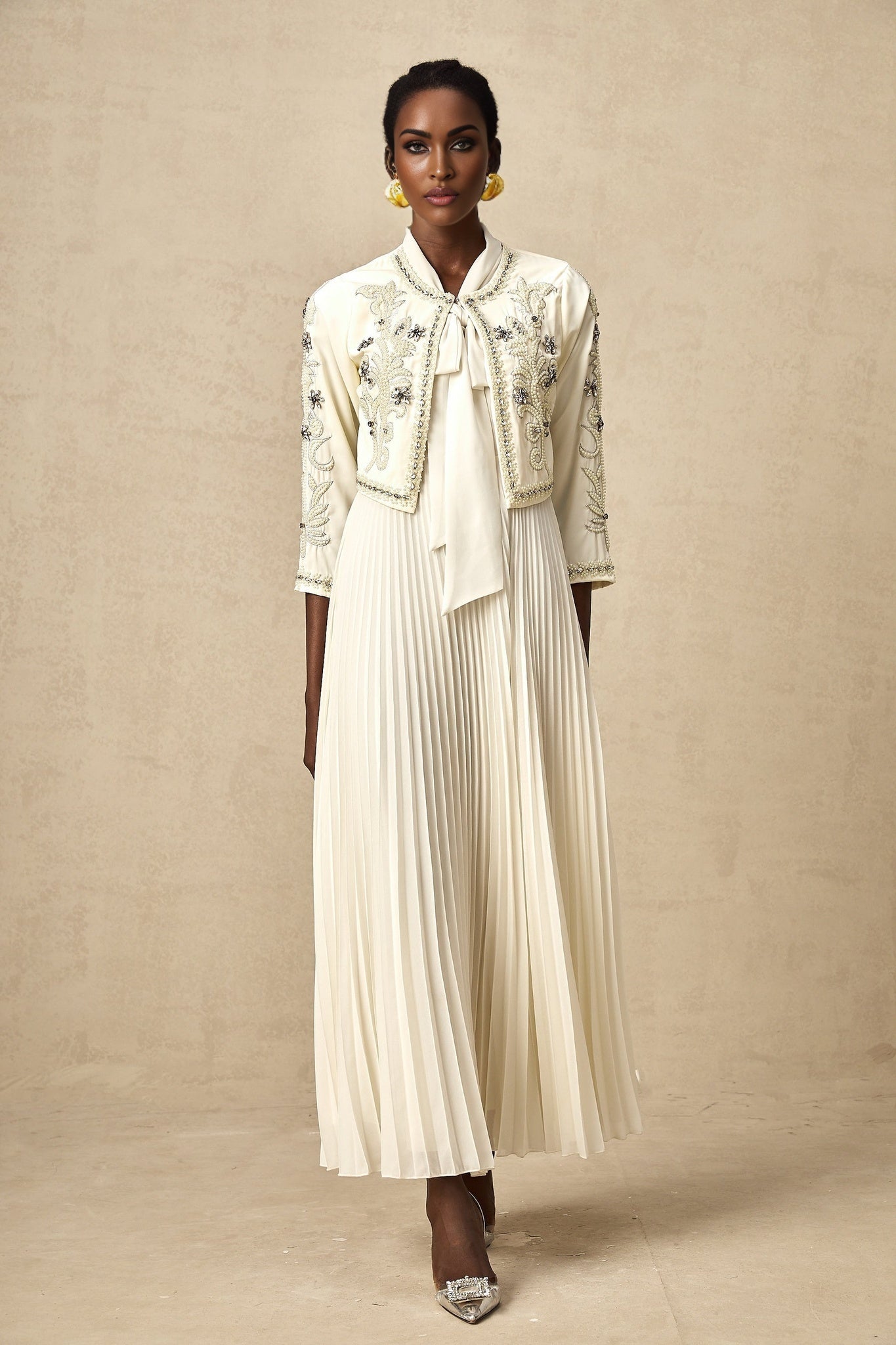 Elisabetta Jacket & Dress - Crystal & Pearl Embellished - Floral Embroidery - Front Fastening - Tie - Neck Design