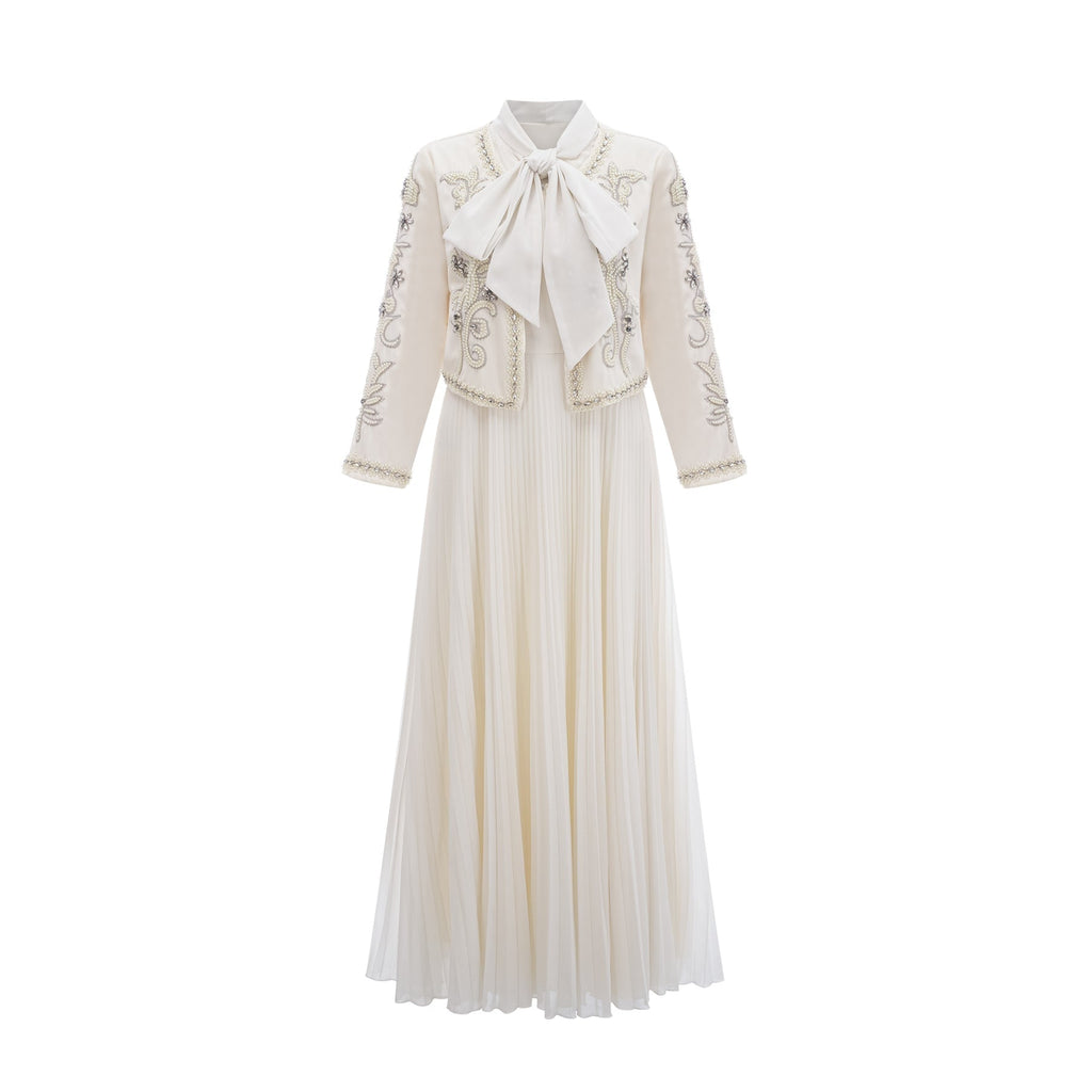 Elisabetta Jacket & Dress - Crystal & Pearl Embellished - Floral Embroidery - Front Fastening - Tie - Neck Design