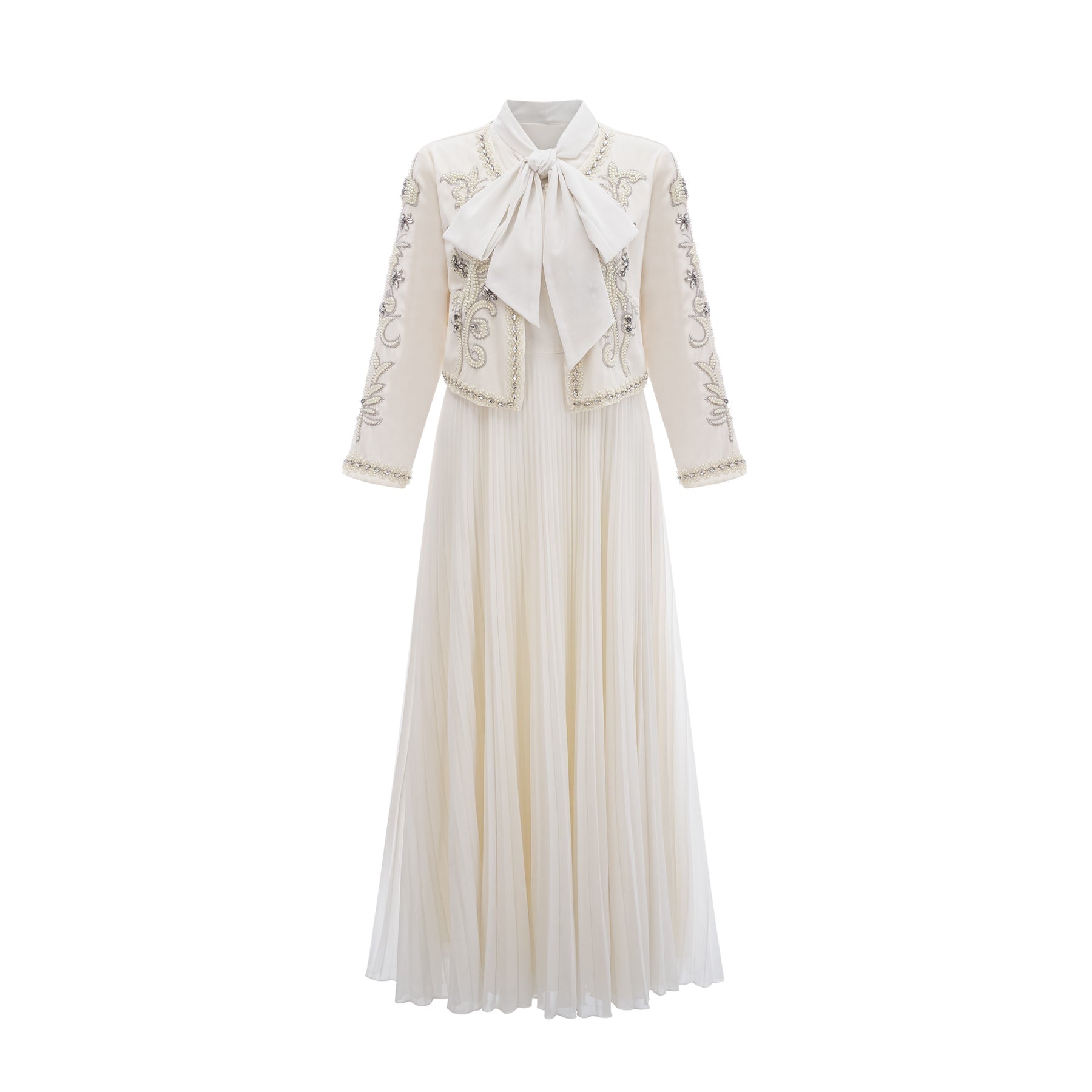 Elisabetta Jacket & Dress - Crystal & Pearl Embellished - Floral Embroidery - Front Fastening - Tie - Neck Design