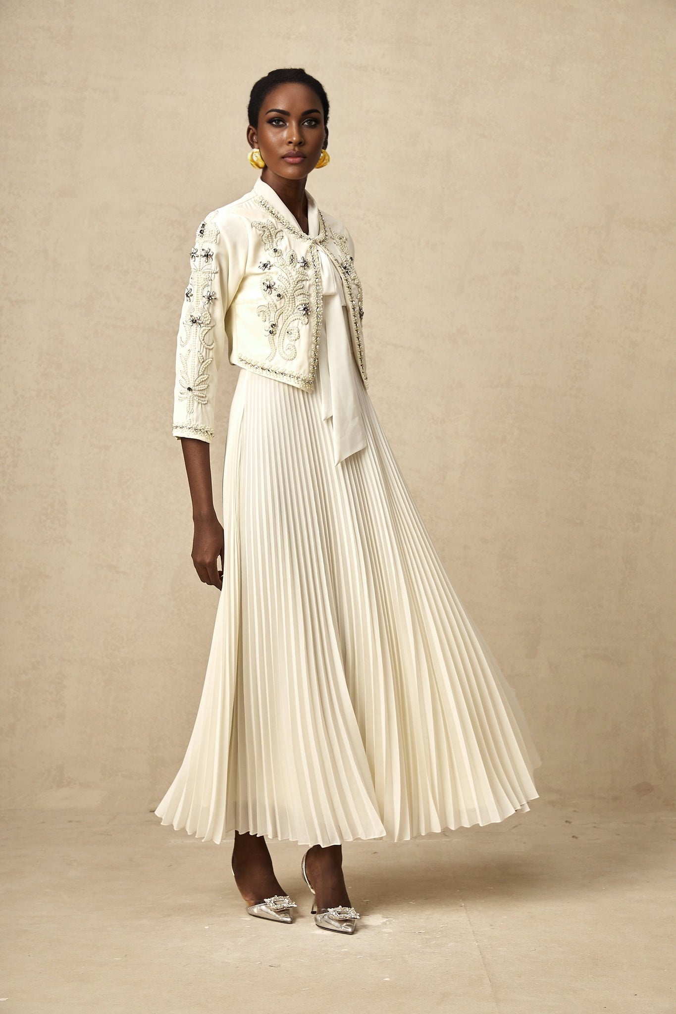 Elisabetta Jacket & Dress - Crystal & Pearl Embellished - Floral Embroidery - Front Fastening - Tie - Neck Design