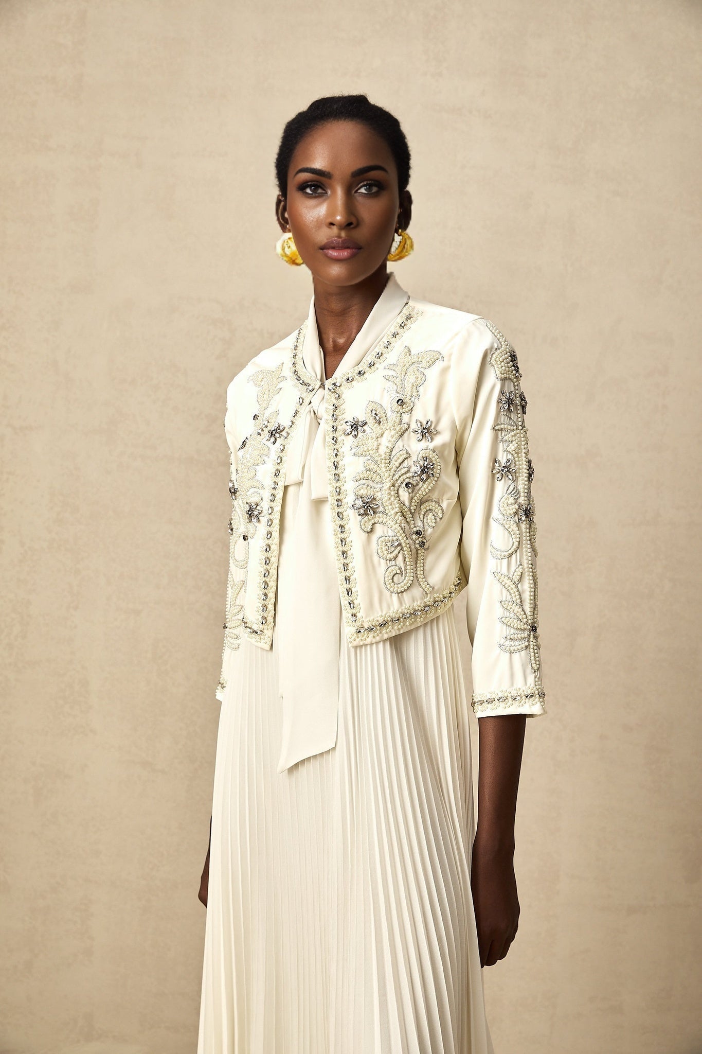 Elisabetta Jacket & Dress - Crystal & Pearl Embellished - Floral Embroidery - Front Fastening - Tie - Neck Design