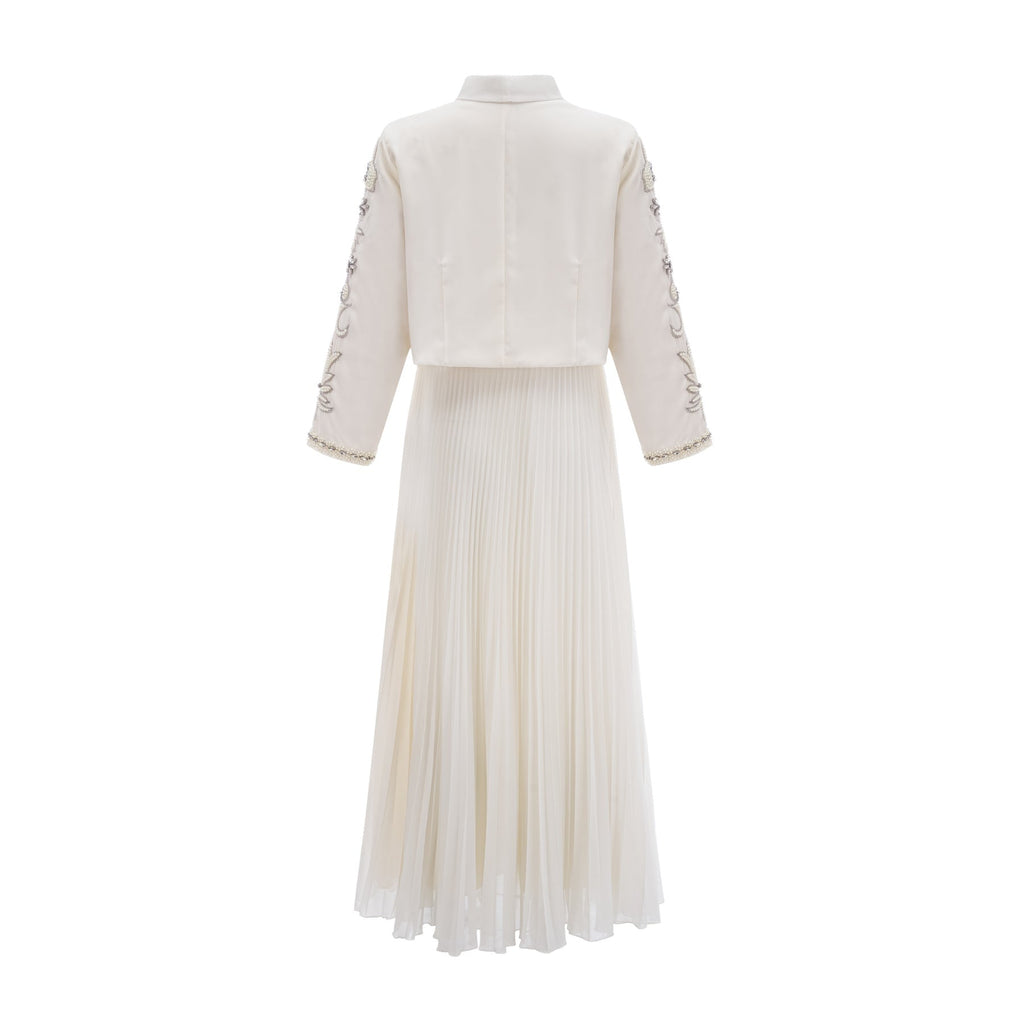 Elisabetta Jacket & Dress - Crystal & Pearl Embellished - Floral Embroidery - Front Fastening - Tie - Neck Design