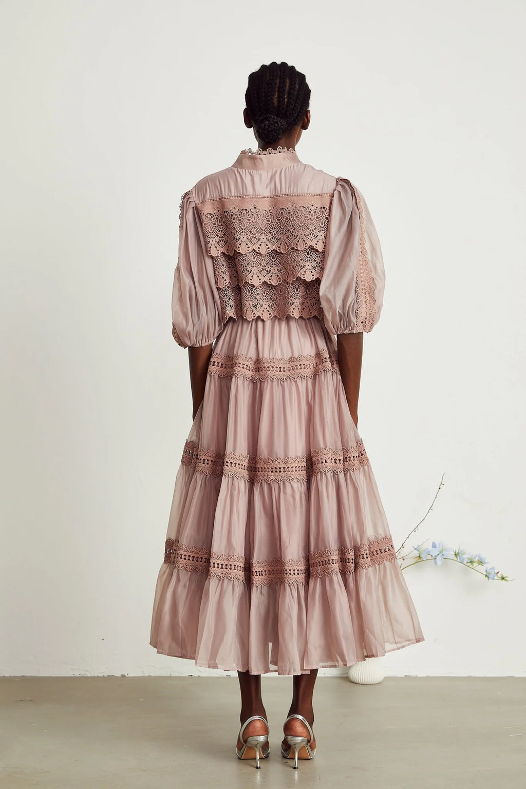 Elisabetta Midi Dress - Mock Neck - Lace Detailing - Puff Sleeves - Cut - Out Design - Belted Waist