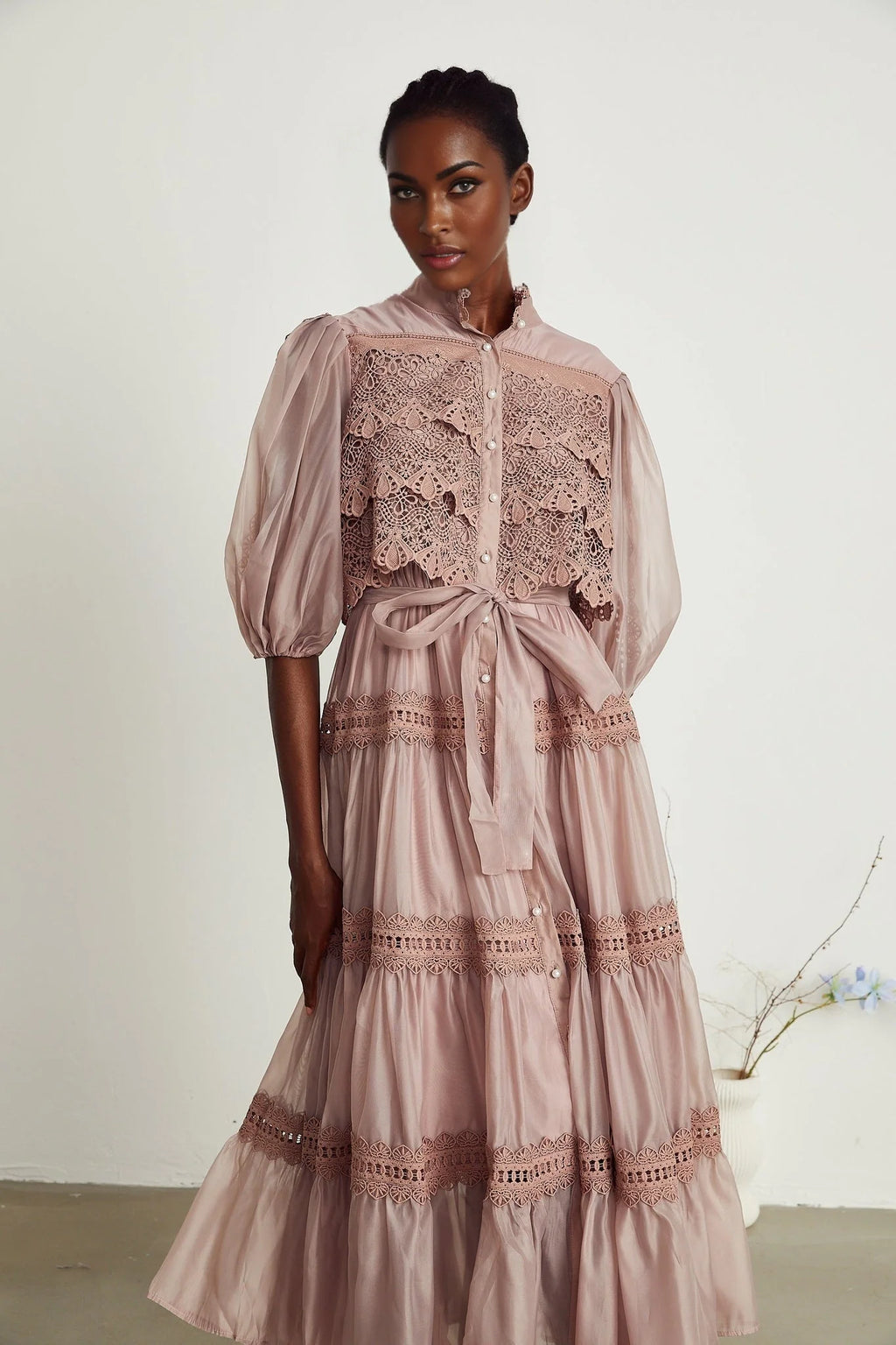 Elisabetta Midi Dress - Mock Neck - Lace Detailing - Puff Sleeves - Cut - Out Design - Belted Waist