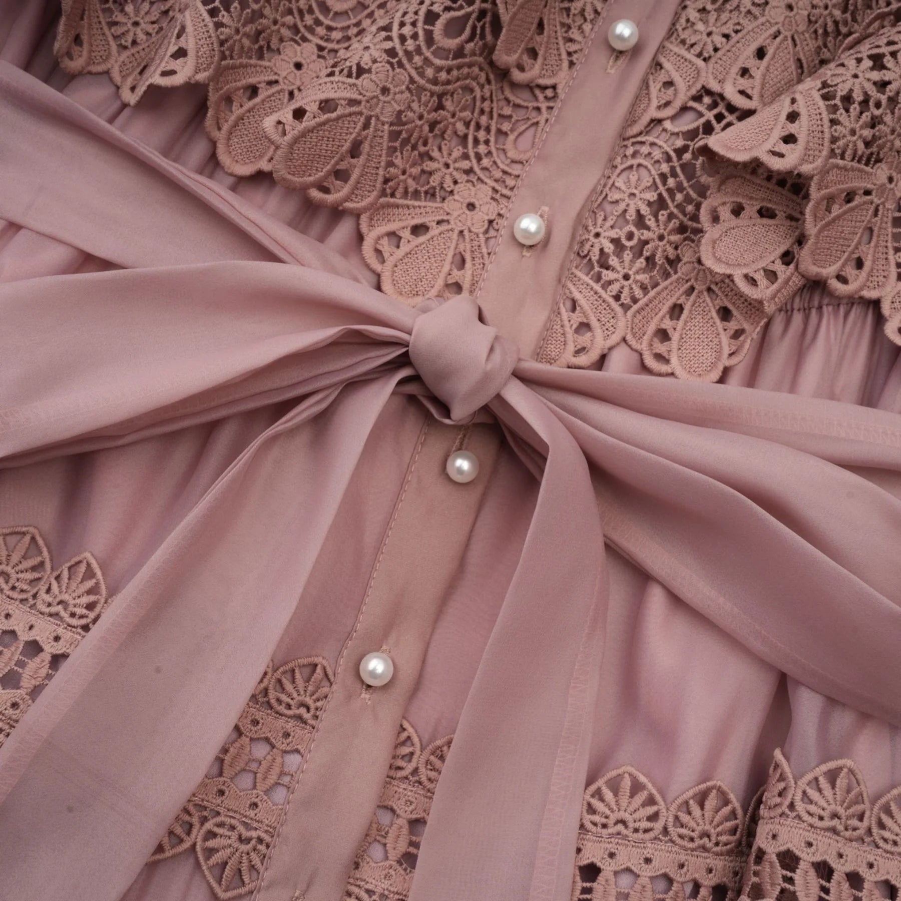 Elisabetta Midi Dress - Mock Neck - Lace Detailing - Puff Sleeves - Cut - Out Design - Belted Waist