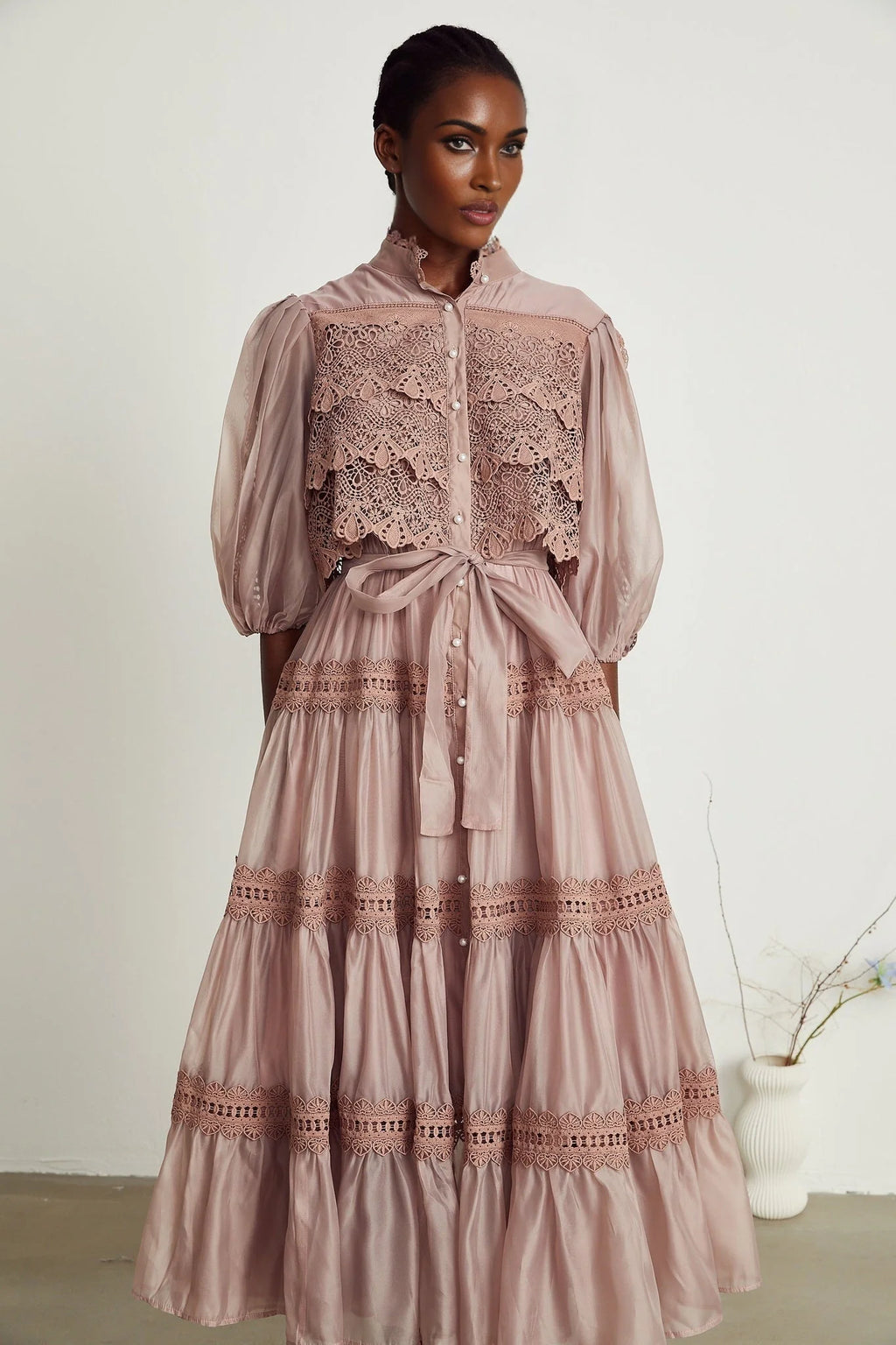 Elisabetta Midi Dress - Mock Neck - Lace Detailing - Puff Sleeves - Cut - Out Design - Belted Waist