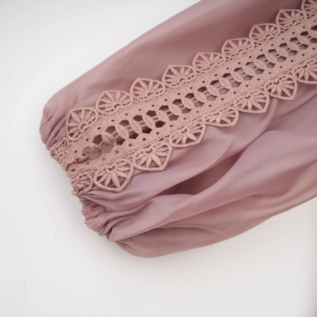 Elisabetta Midi Dress - Mock Neck - Lace Detailing - Puff Sleeves - Cut - Out Design - Belted Waist
