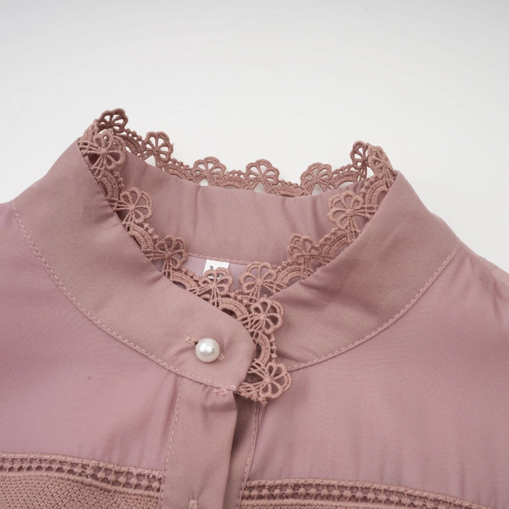 Elisabetta Midi Dress - Mock Neck - Lace Detailing - Puff Sleeves - Cut - Out Design - Belted Waist