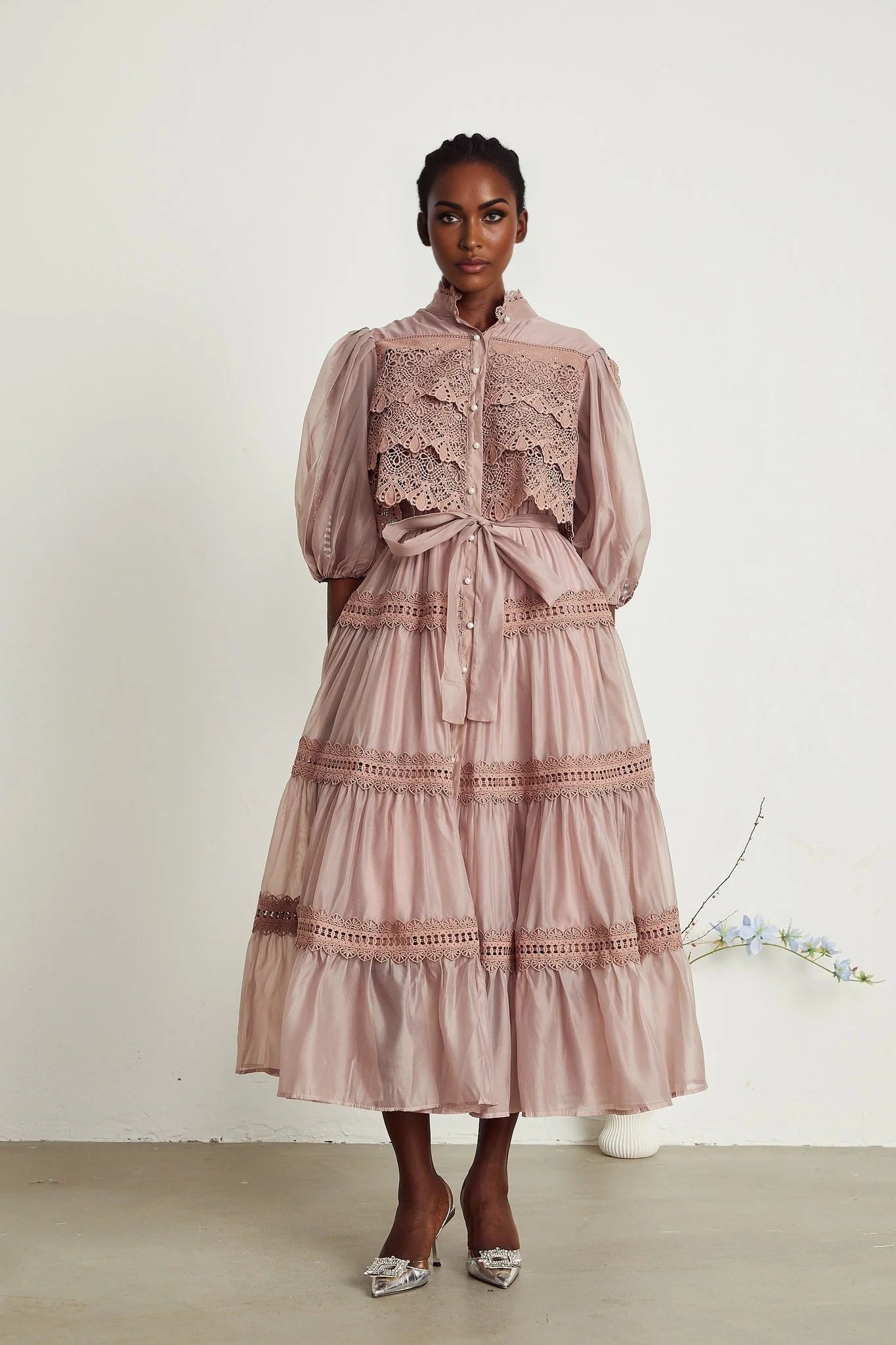 Elisabetta Midi Dress - Mock Neck - Lace Detailing - Puff Sleeves - Cut - Out Design - Belted Waist