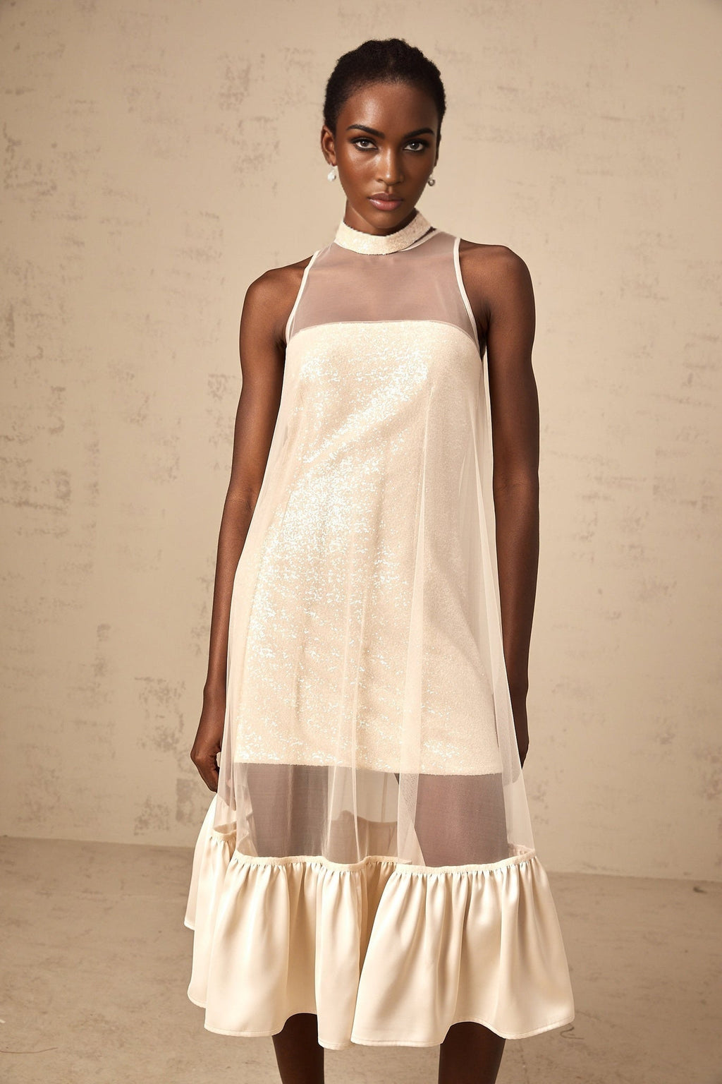 Elisabetta Midi Dress - Sequin Embellishment - Tulle Panelling - Flared Hem - Layered Design - Sleeveless