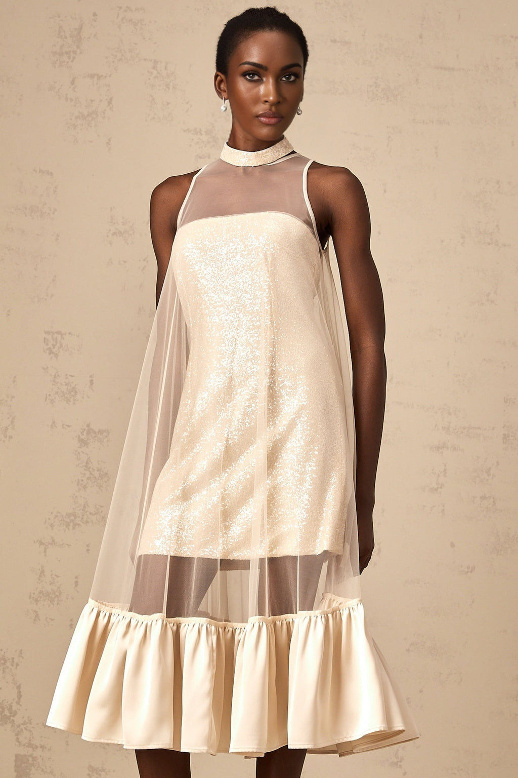 Elisabetta Midi Dress - Sequin Embellishment - Tulle Panelling - Flared Hem - Layered Design - Sleeveless