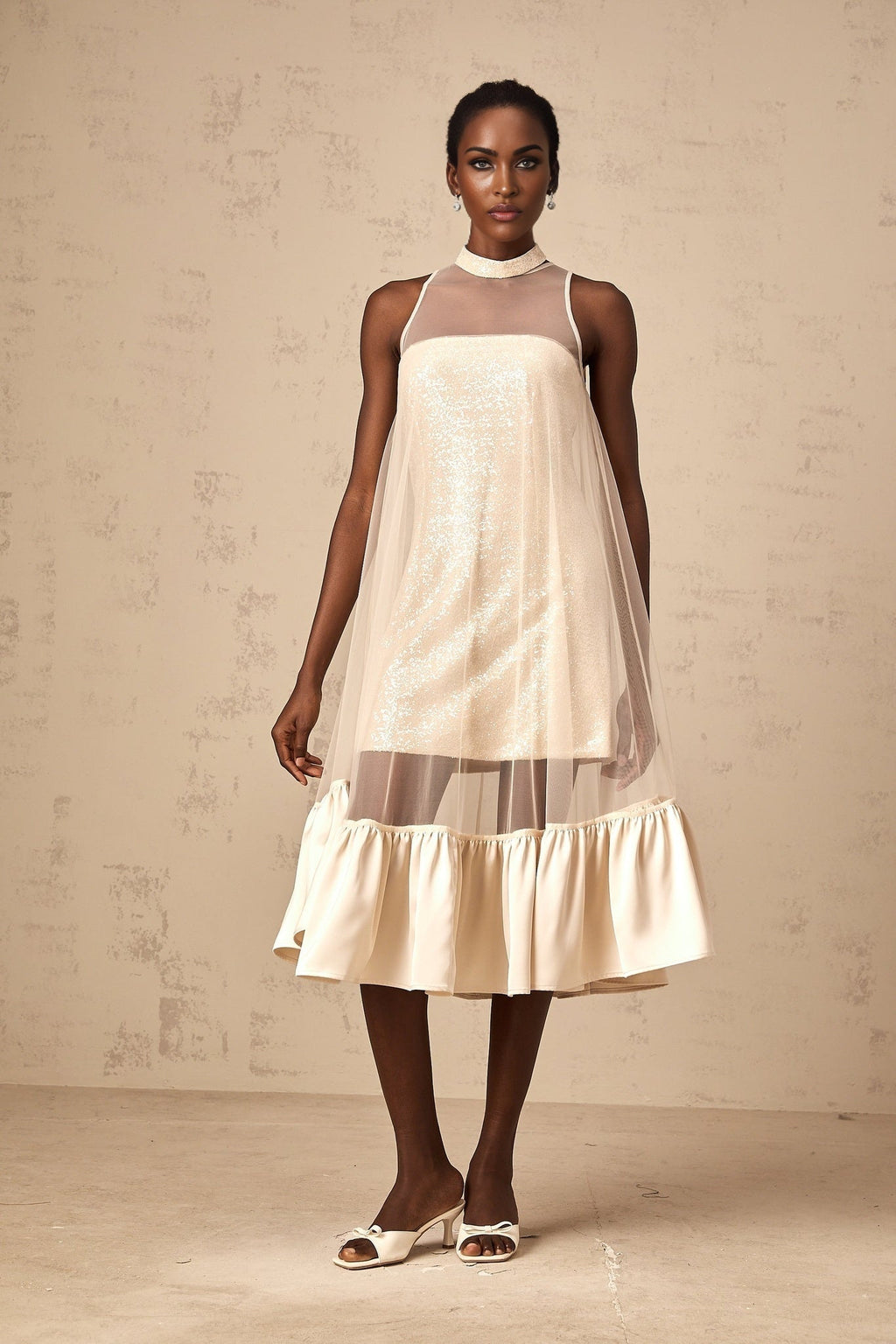 Elisabetta Midi Dress - Sequin Embellishment - Tulle Panelling - Flared Hem - Layered Design - Sleeveless