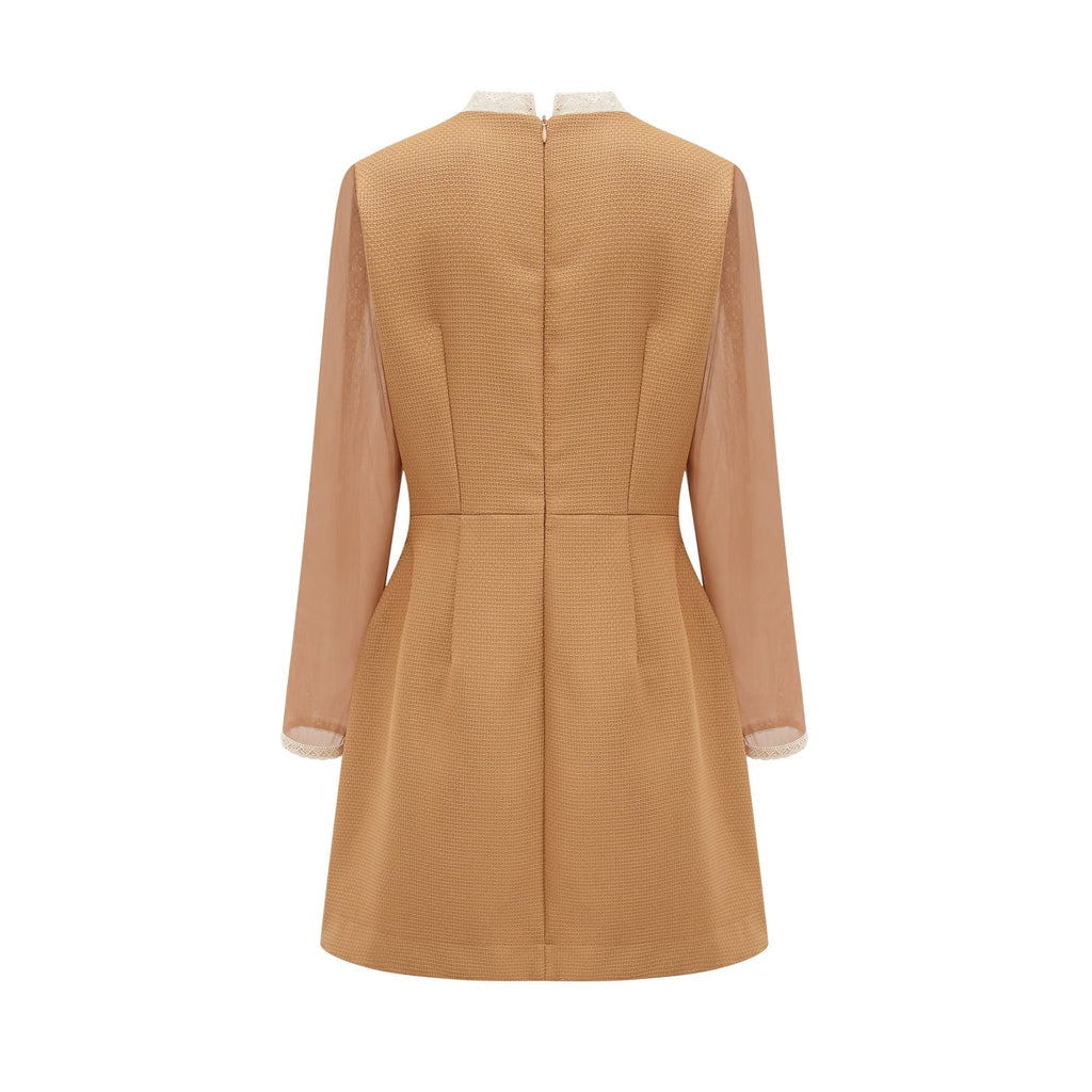 Elisabetta Mini Dress - Crew Neck - Long Sleeves - Cut - Out Detailing - Lace Paneling