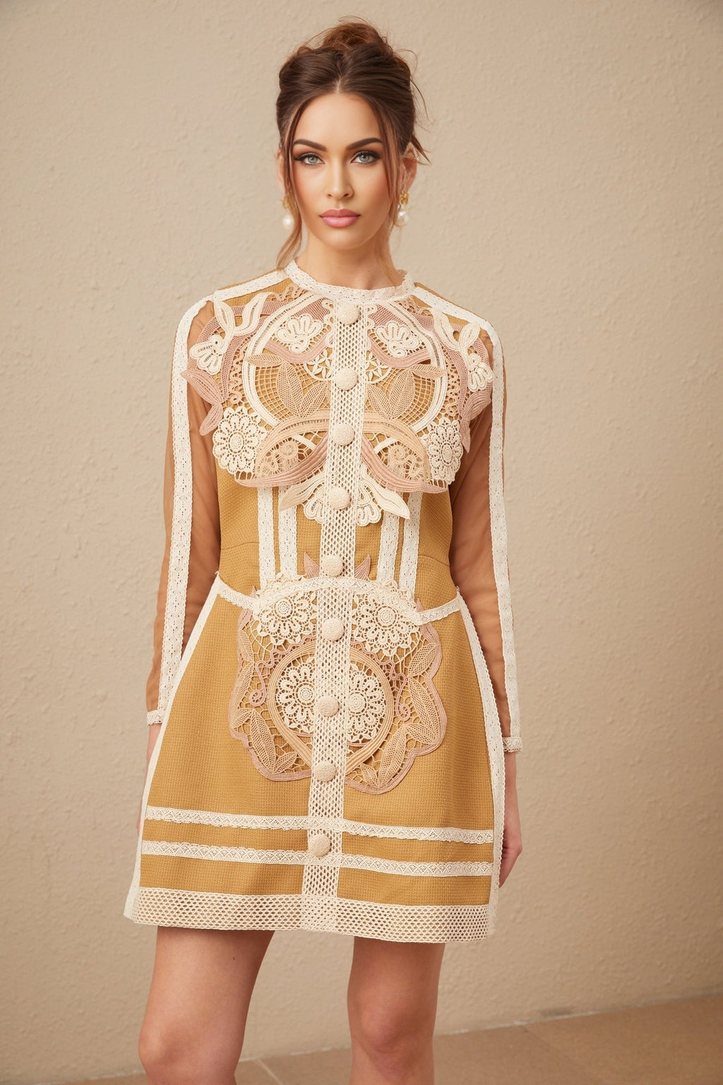Elisabetta Mini Dress - Crew Neck - Long Sleeves - Cut - Out Detailing - Lace Paneling