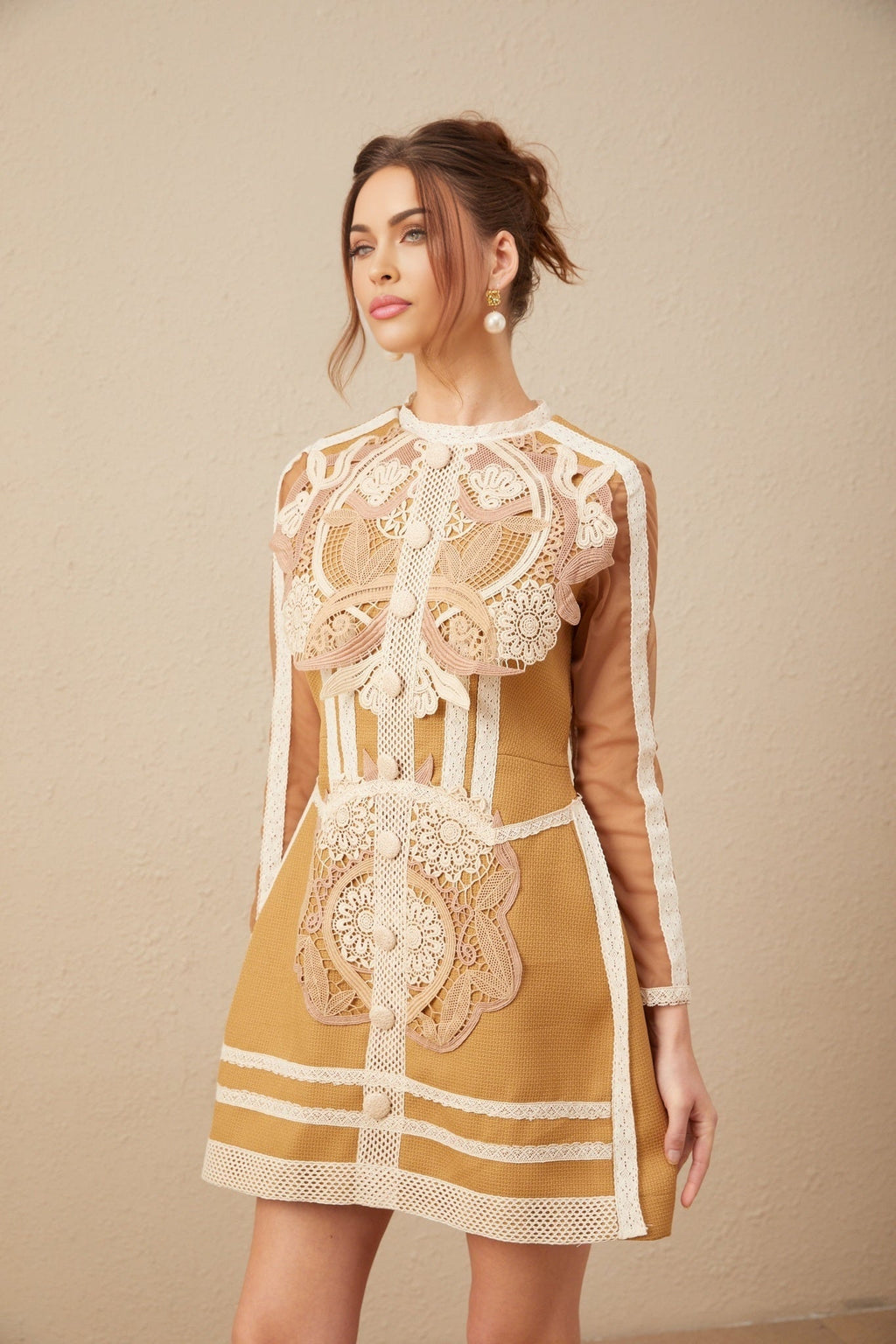 Elisabetta Mini Dress - Crew Neck - Long Sleeves - Cut - Out Detailing - Lace Paneling