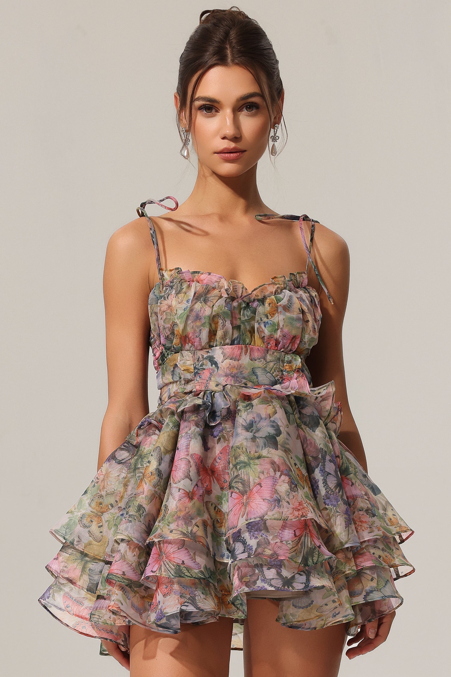 Elisabetta Multi Floral V-Neck Lacing Flounce Mini Dress