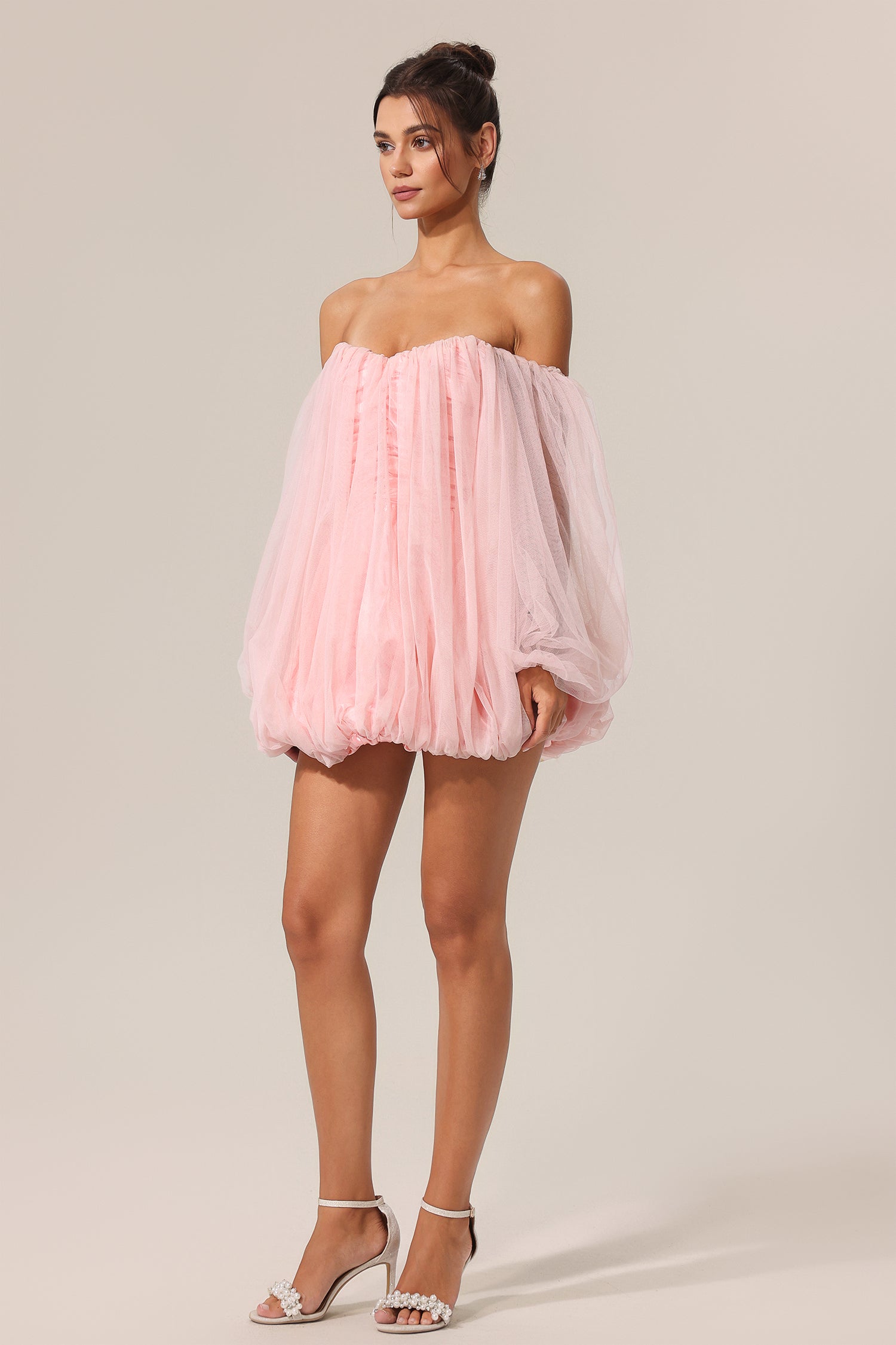 Elisabetta Pink Tulle Off-Shoulder Dress with Voluminous Sleeves and Puffed Skirt