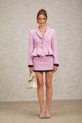 Elisabetta Top & Skirt Set - Tweed Fabric - Crystal Embellishment - Pleated Detailing - Peplum Hem - Front Button Fastening