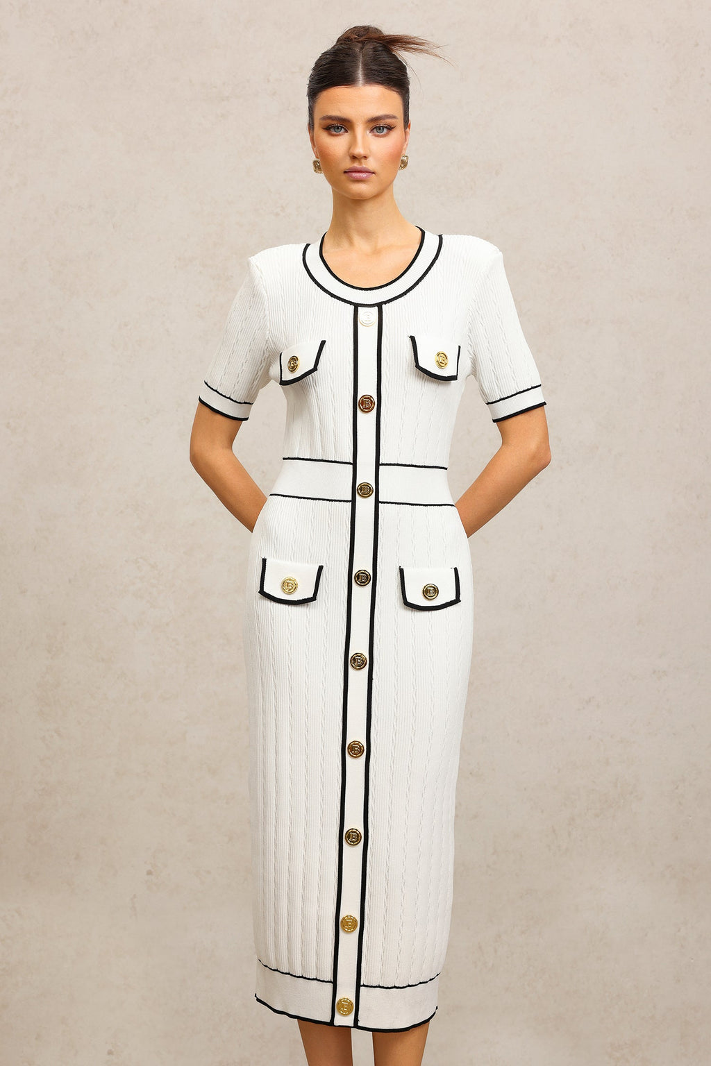 Elisabetta White Fitted Dress with Buttoned Pockets and Contrasting Piping