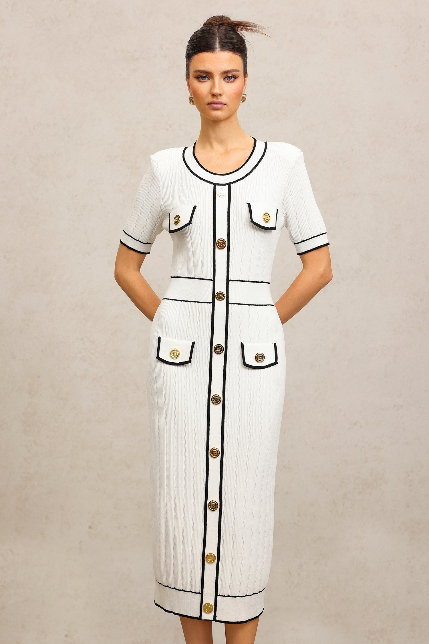 Elisabetta White Fitted Dress with Buttoned Pockets and Contrasting Piping
