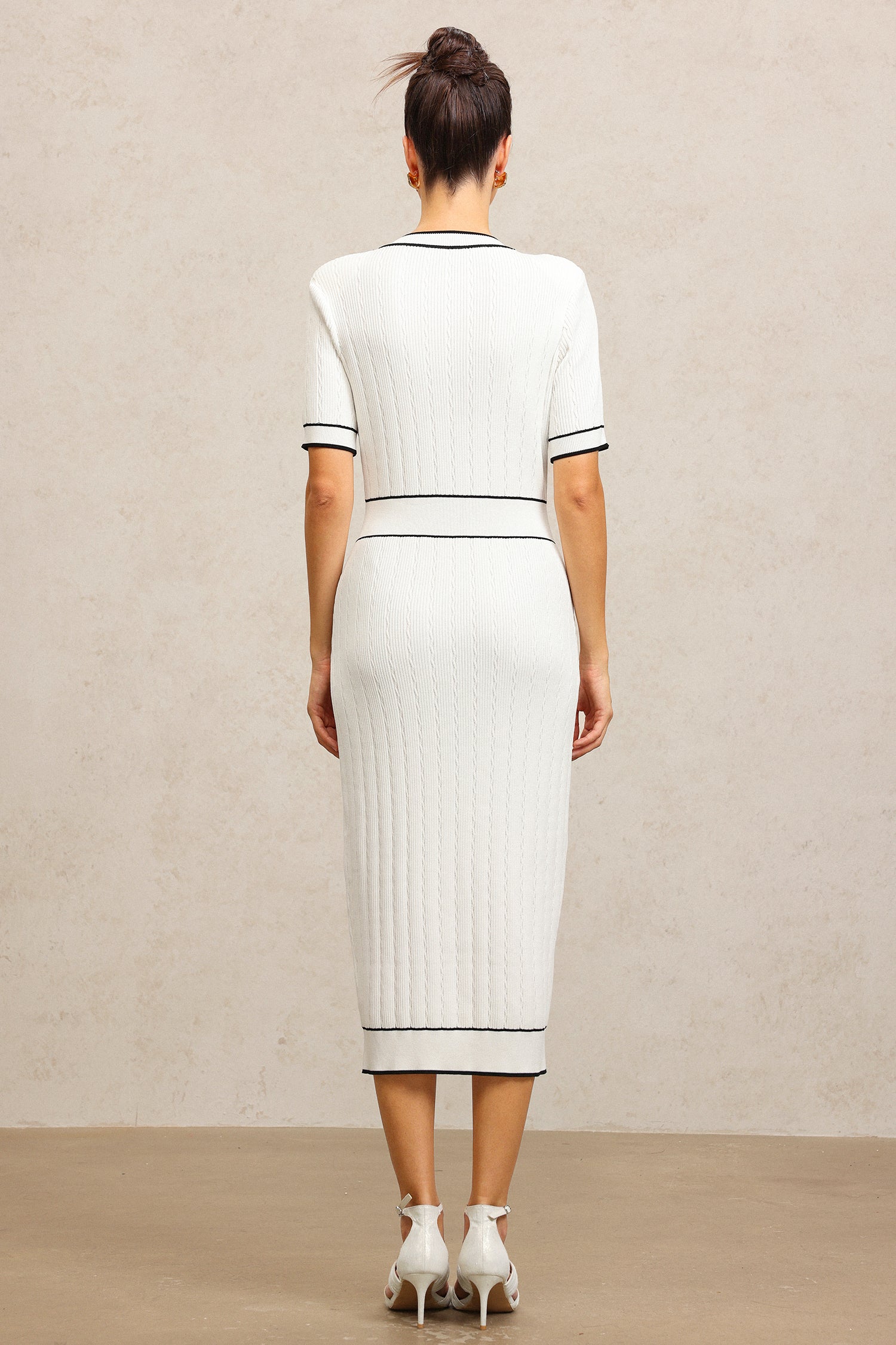 Elisabetta White Fitted Dress with Buttoned Pockets and Contrasting Piping
