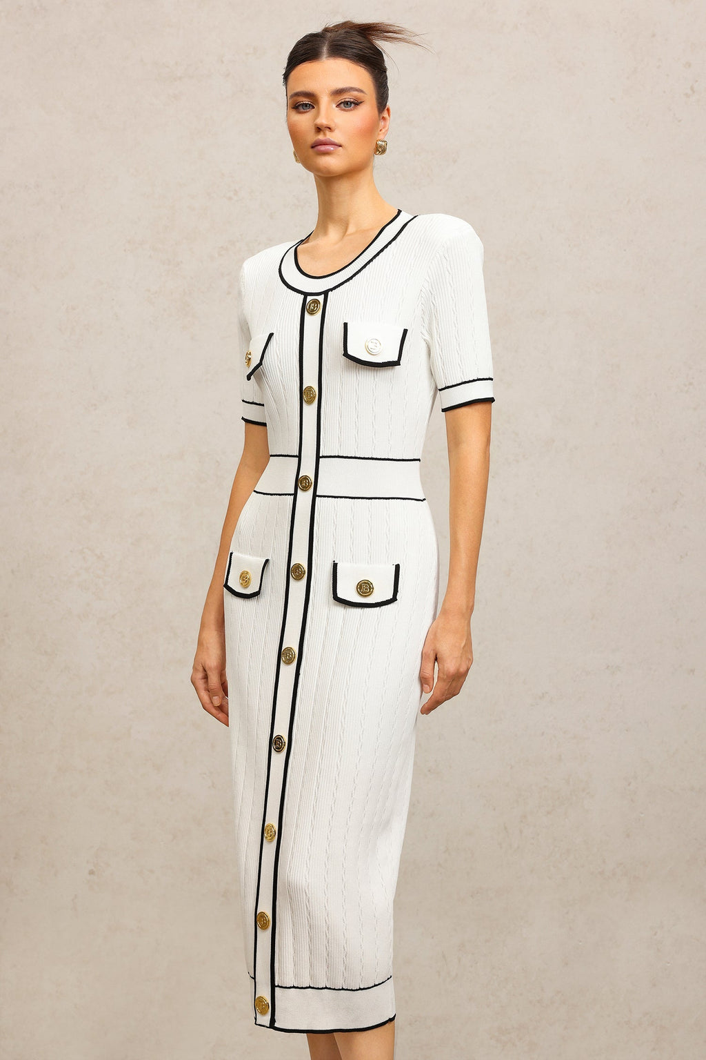 Elisabetta White Fitted Dress with Buttoned Pockets and Contrasting Piping