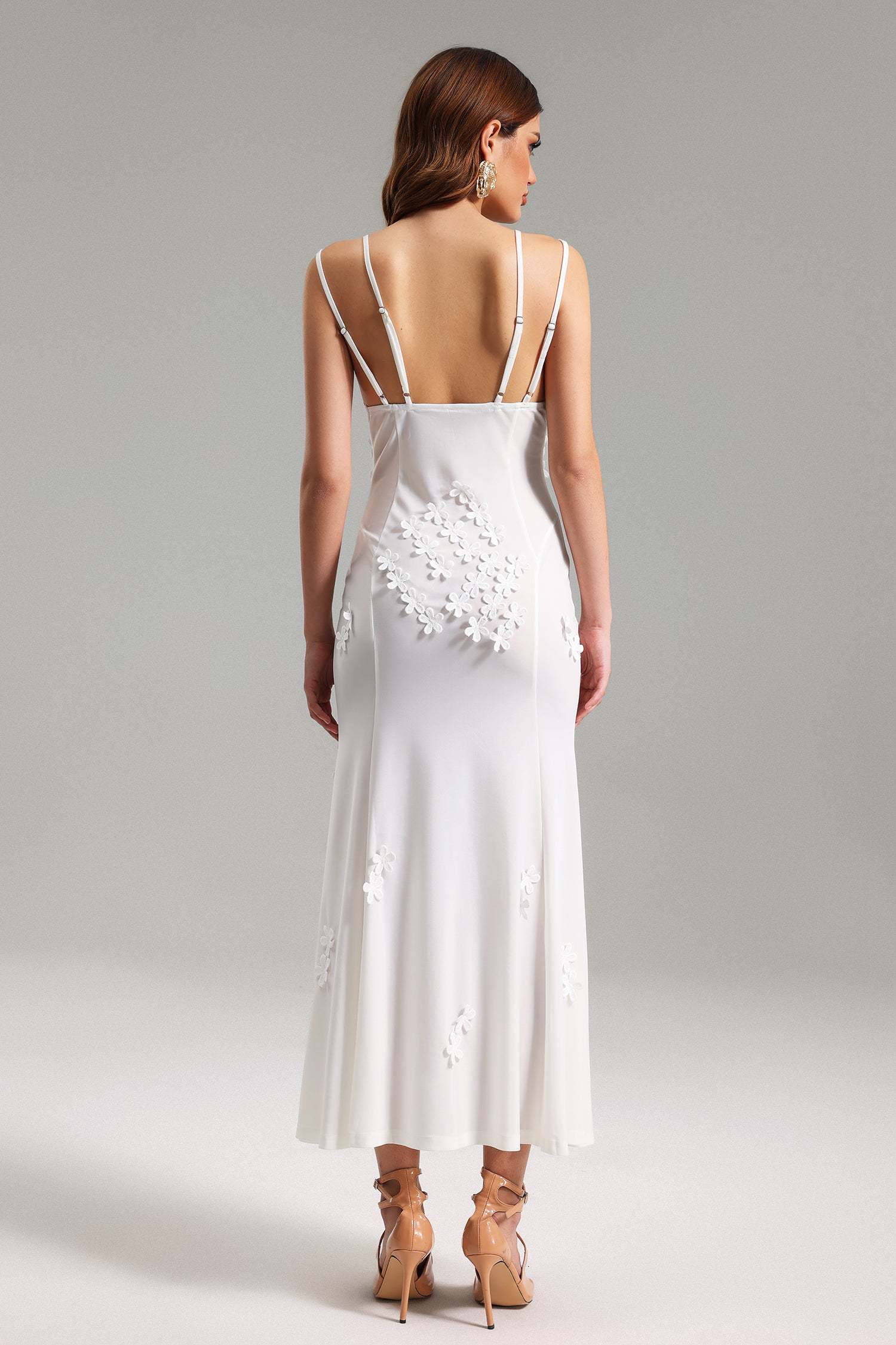 Elisabetta White Floral Midi Dress with V-Neckline and Asymmetrical Hemline