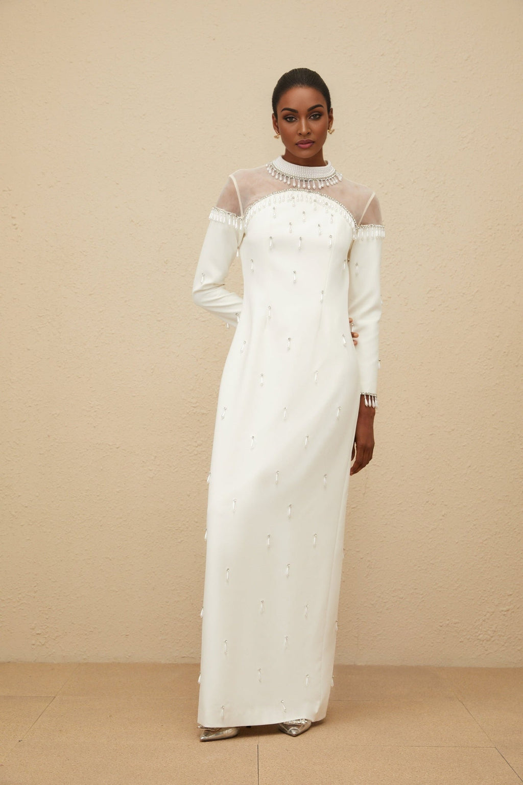 Eliza Gown - Mock Neck - Faux - Pearl & Rhinestone Embellishment - Cinched Waist - Tulle Panelling - Rear Slit