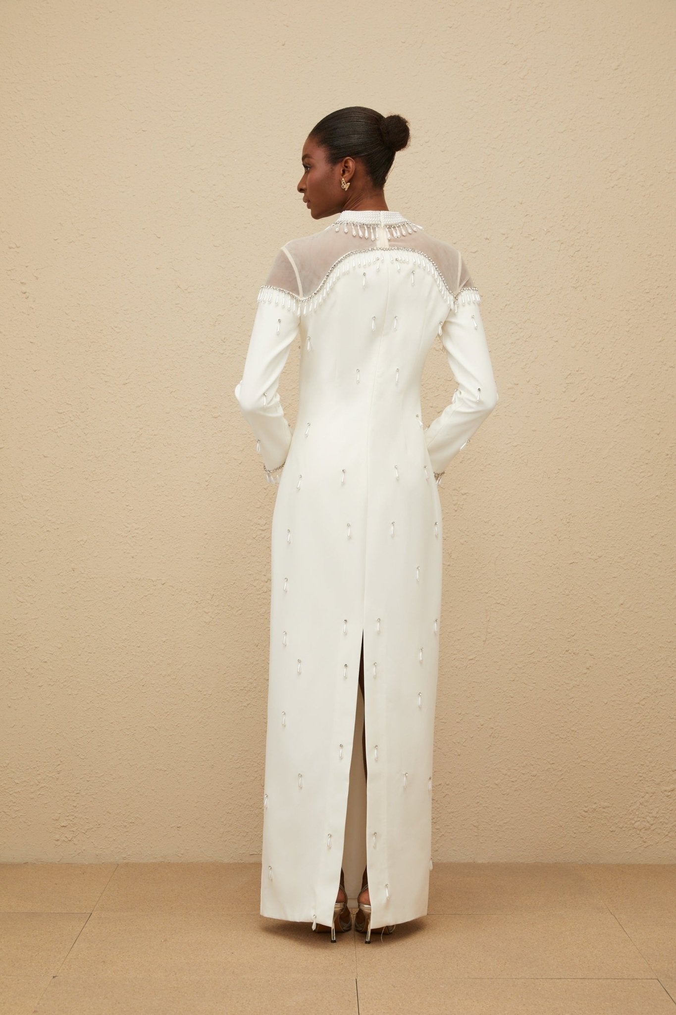 Eliza Gown - Mock Neck - Faux - Pearl & Rhinestone Embellishment - Cinched Waist - Tulle Panelling - Rear Slit