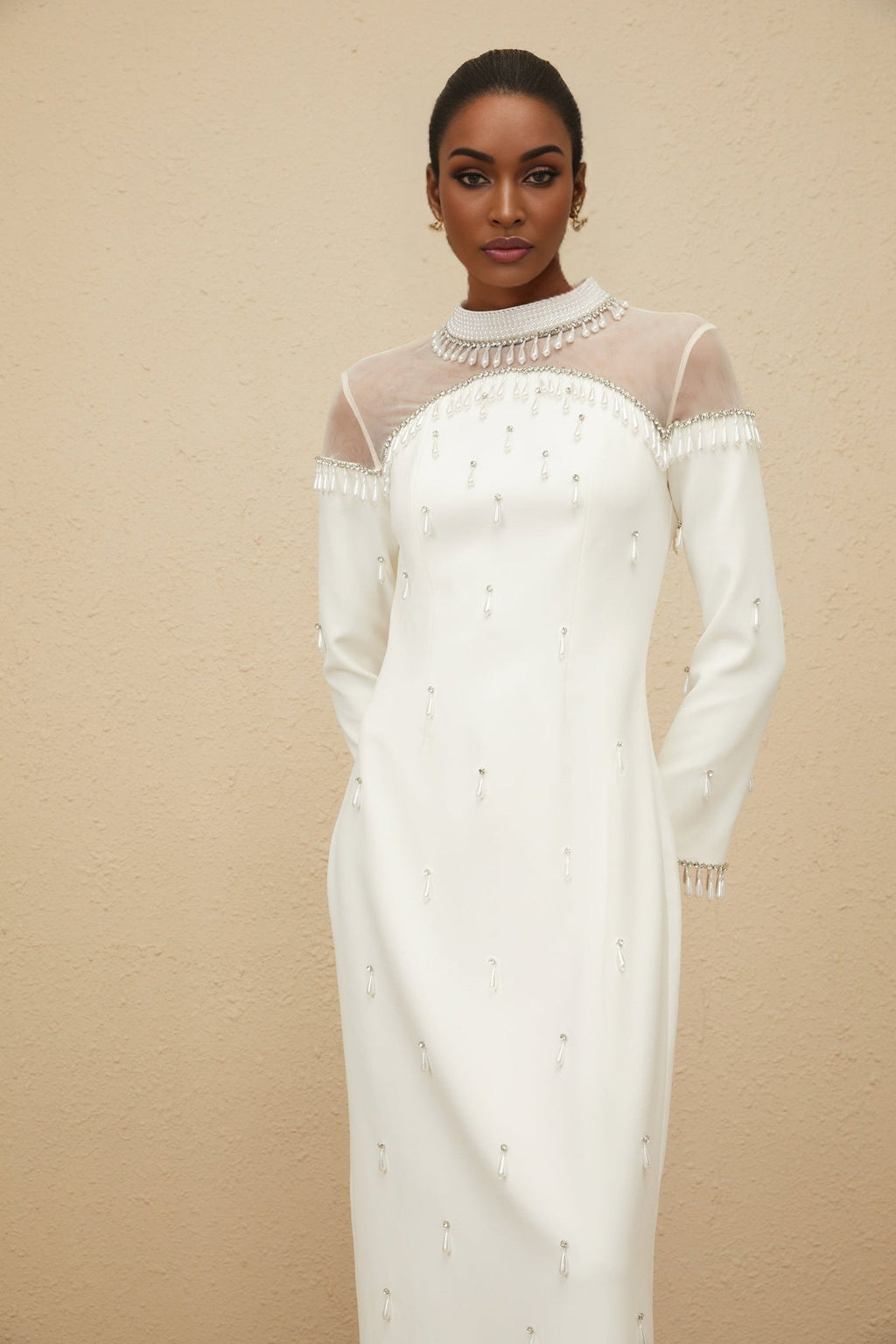 Eliza Gown - Mock Neck - Faux - Pearl & Rhinestone Embellishment - Cinched Waist - Tulle Panelling - Rear Slit