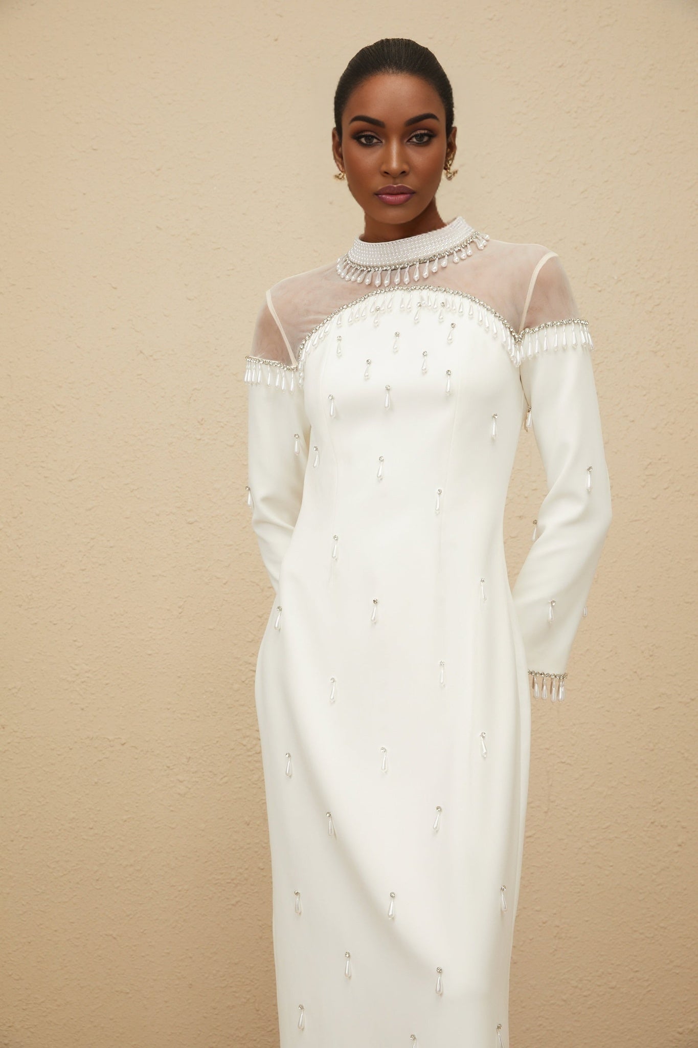 Eliza Gown - Mock Neck - Faux - Pearl & Rhinestone Embellishment - Cinched Waist - Tulle Panelling - Rear Slit