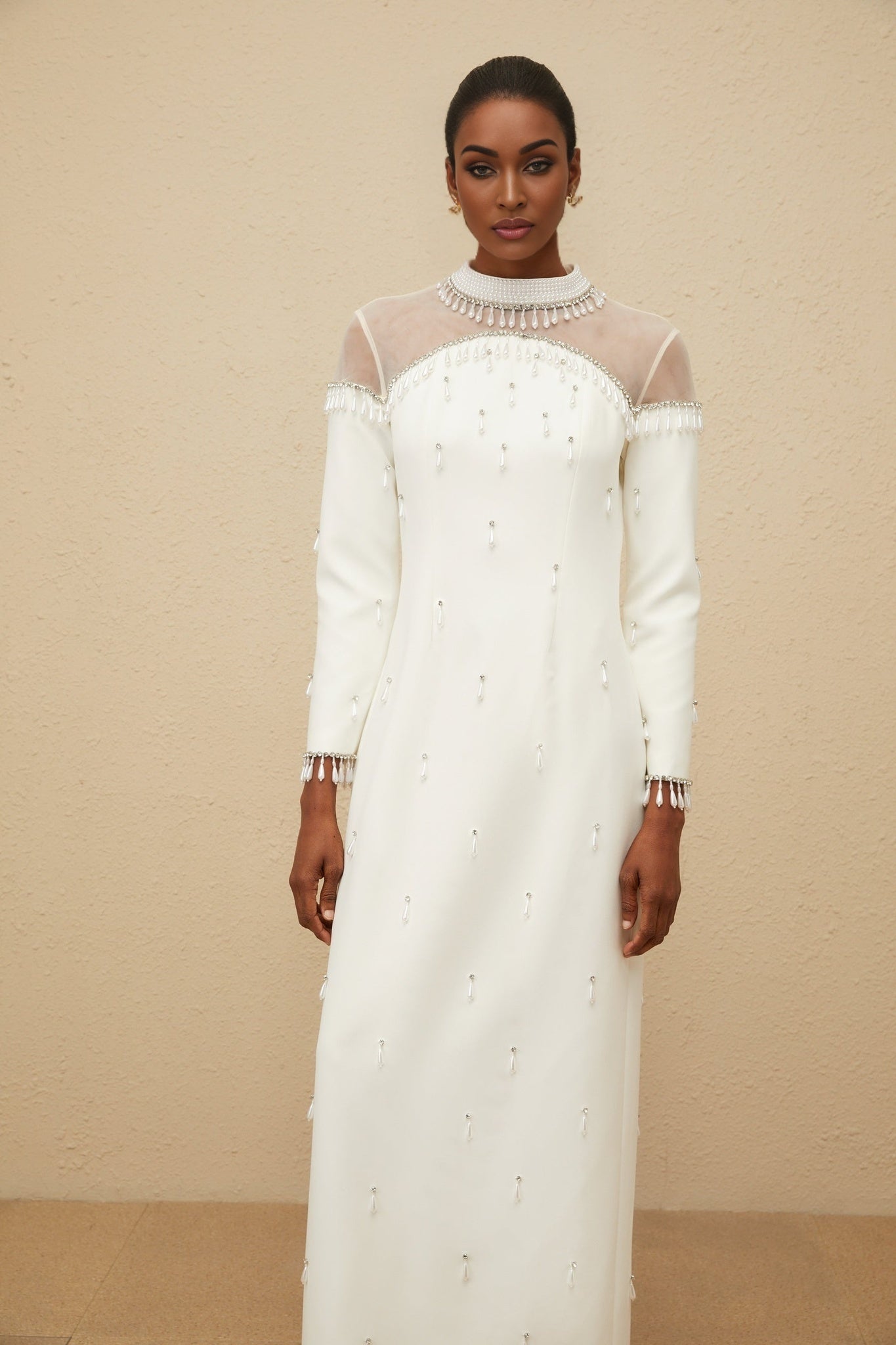 Eliza Gown - Mock Neck - Faux - Pearl & Rhinestone Embellishment - Cinched Waist - Tulle Panelling - Rear Slit