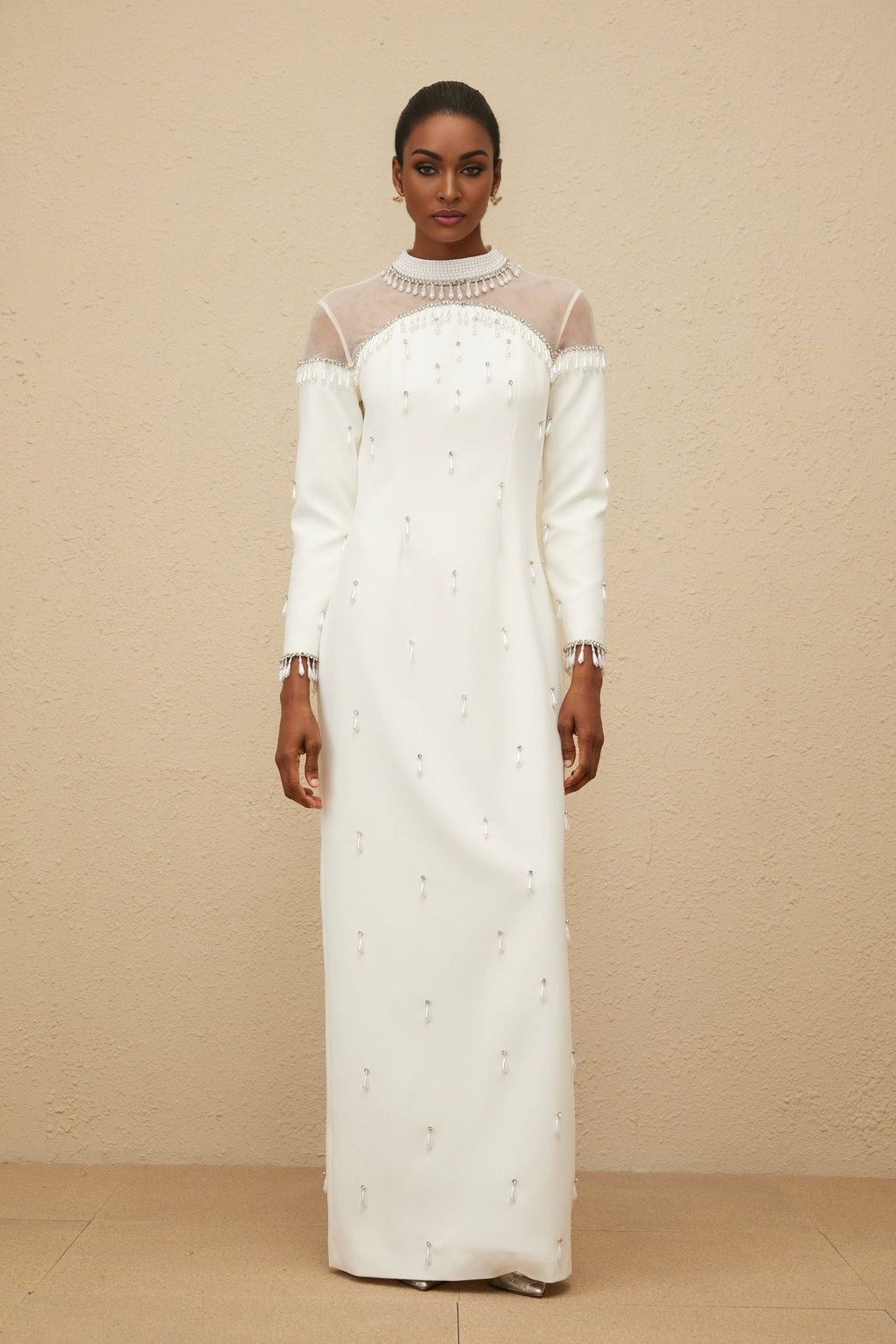 Eliza Gown - Mock Neck - Faux - Pearl & Rhinestone Embellishment - Cinched Waist - Tulle Panelling - Rear Slit