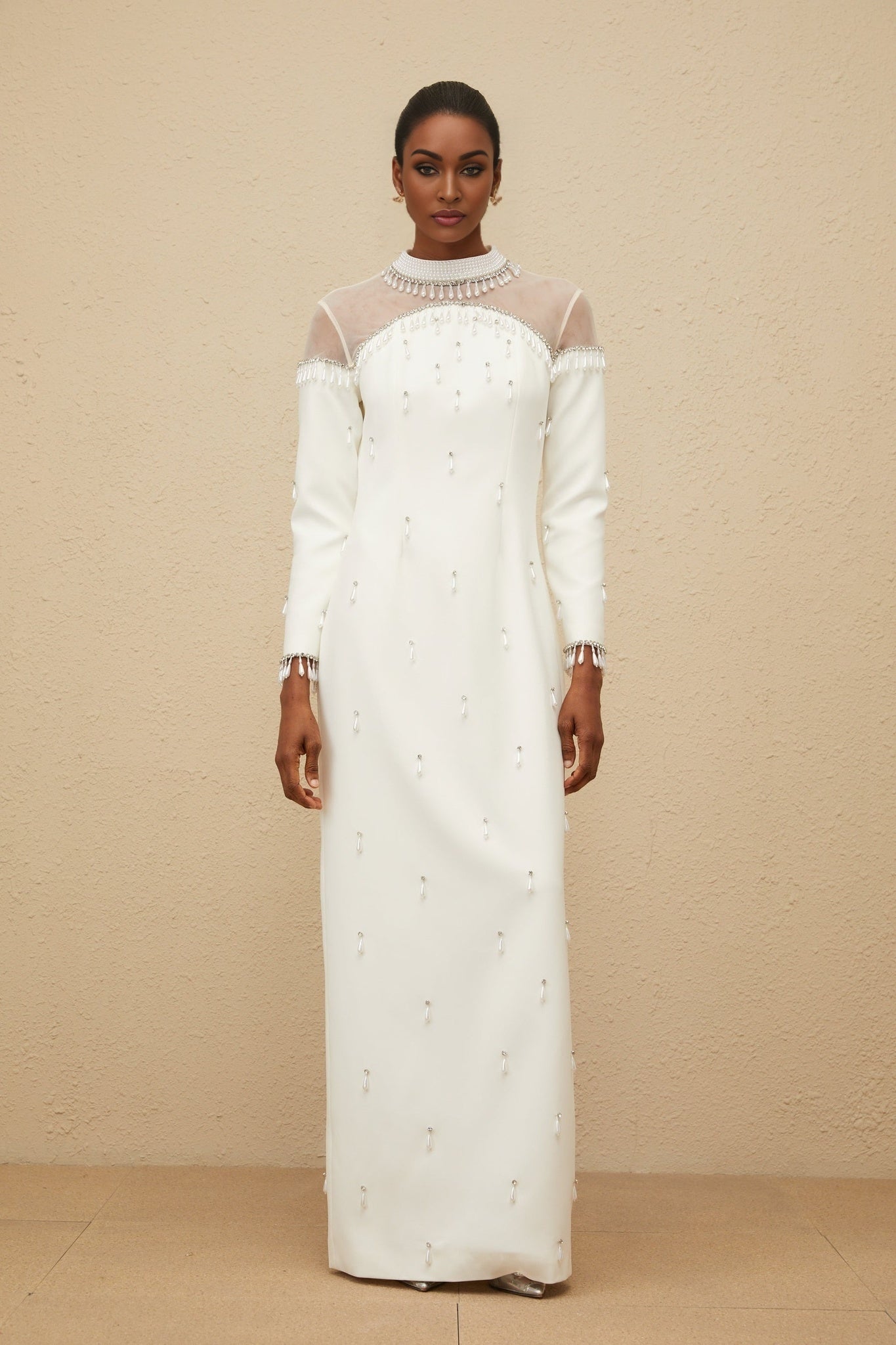 Eliza Gown - Mock Neck - Faux - Pearl & Rhinestone Embellishment - Cinched Waist - Tulle Panelling - Rear Slit