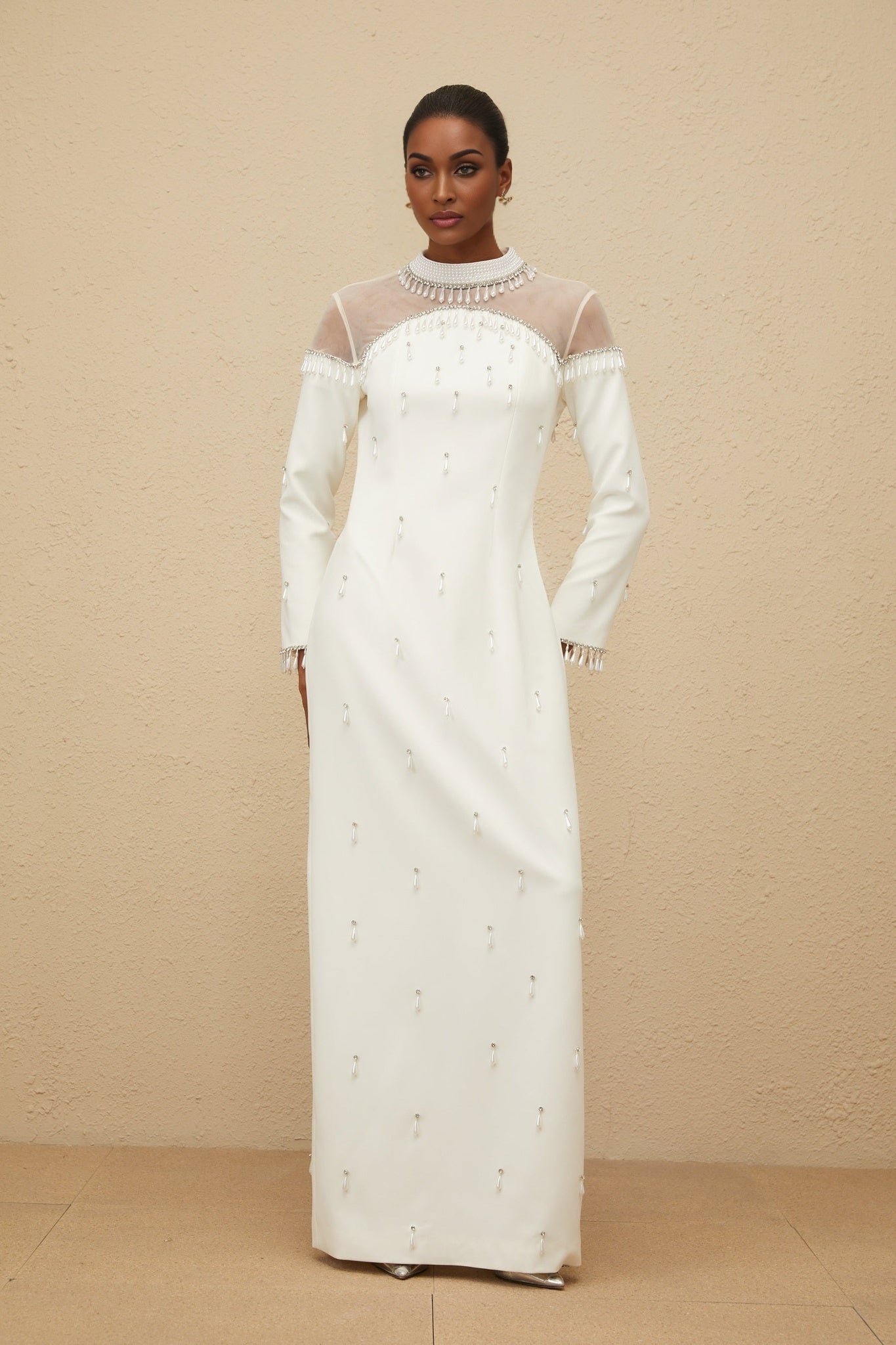 Eliza Gown - Mock Neck - Faux - Pearl & Rhinestone Embellishment - Cinched Waist - Tulle Panelling - Rear Slit