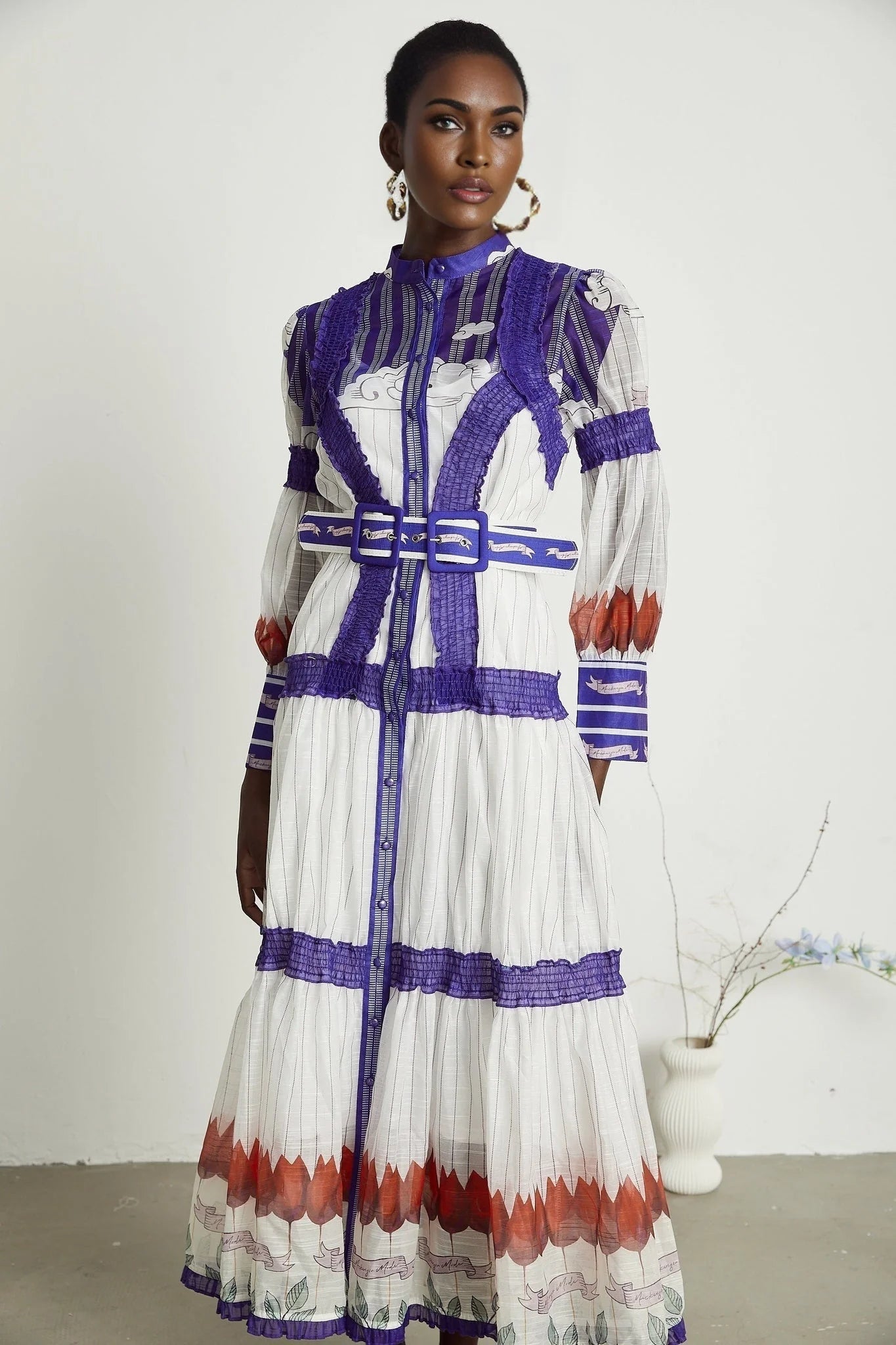 Eliza Midi Dress - Round Neck - Long Sleeves - Pattern - Belted Waist