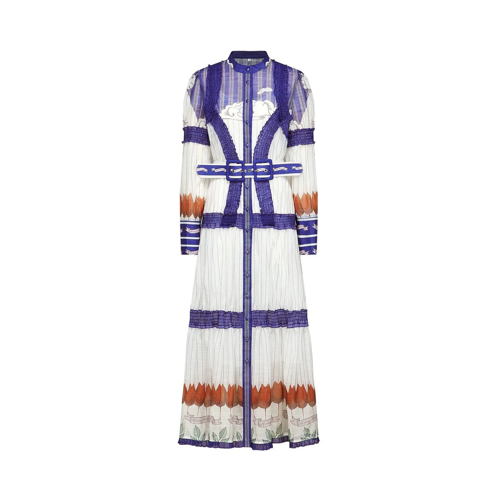Eliza Midi Dress - Round Neck - Long Sleeves - Pattern - Belted Waist